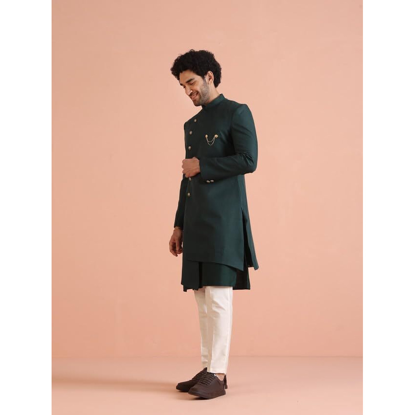 Kisah Men's Kurta Indo-Western Sherwani Trouser Set, Green Cotton Blend, Solid Dyed Regular Fit Mandarin Collar Long Sleeves, 40