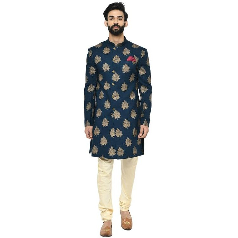 Kisah Men's Indo-Western Sherwani Churidar Set, Blue Cotton Blend, Foil Print Regular Fit Mandarin Collar Long Sleeves (38)