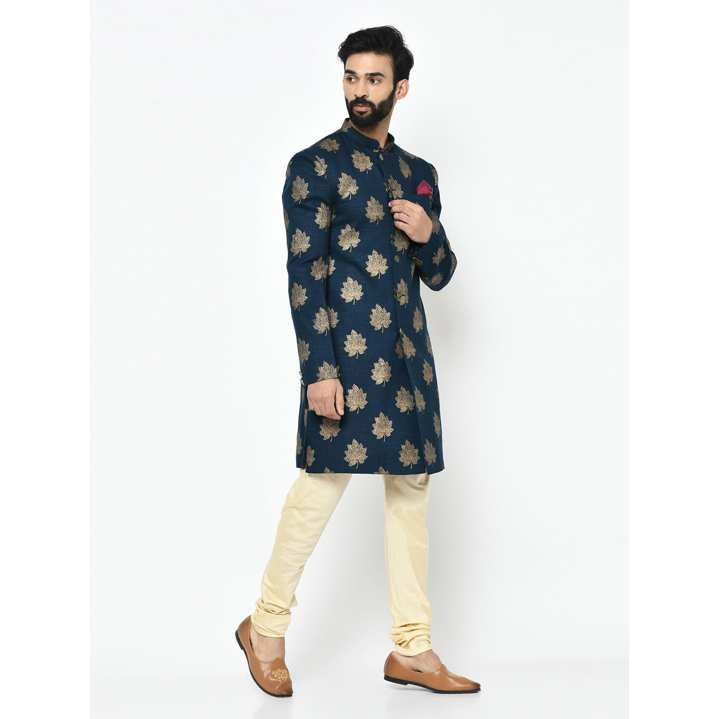 Kisah Men's Indo-Western Sherwani Churidar Set, Blue Cotton Blend, Foil Print Regular Fit Mandarin Collar Long Sleeves (38)