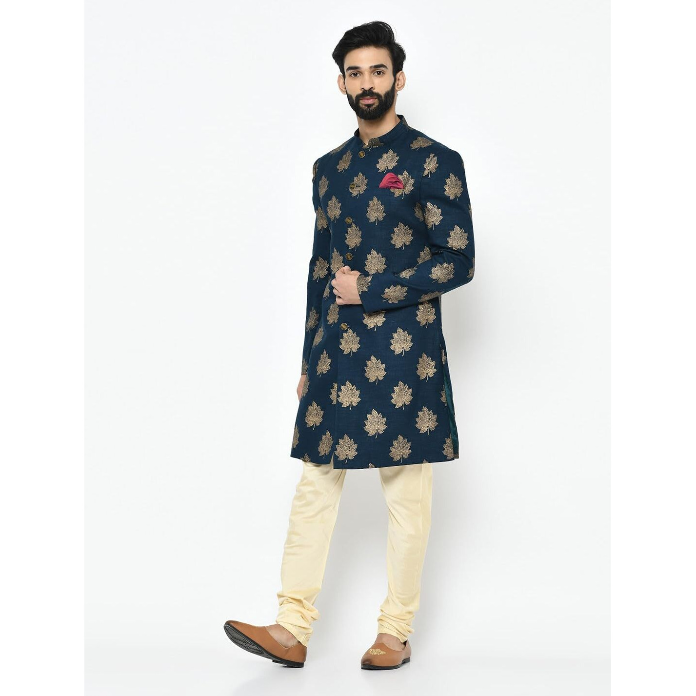Kisah Men's Indo-Western Sherwani Churidar Set, Blue Cotton Blend, Foil Print Regular Fit Mandarin Collar Long Sleeves (38)