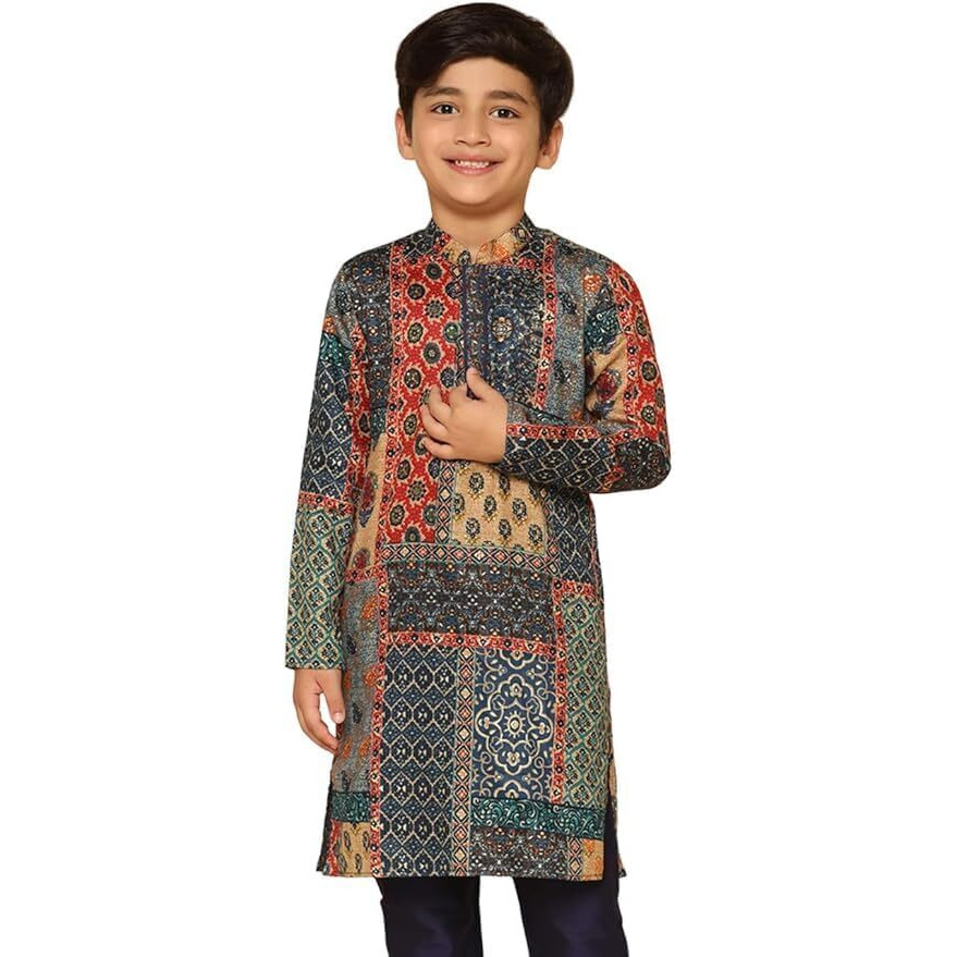 Kisah Kid's Cotton Full Sleeves Regular Fit Knee Length Abstract Multi Kurta (11-12Y) Multicolour