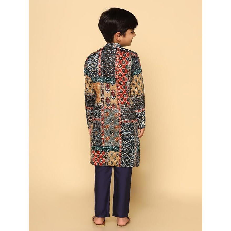 Kisah Kid's Cotton Full Sleeves Regular Fit Knee Length Abstract Multi Kurta (11-12Y) Multicolour