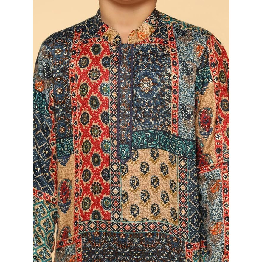 Kisah Kid's Cotton Full Sleeves Regular Fit Knee Length Abstract Multi Kurta (11-12Y) Multicolour