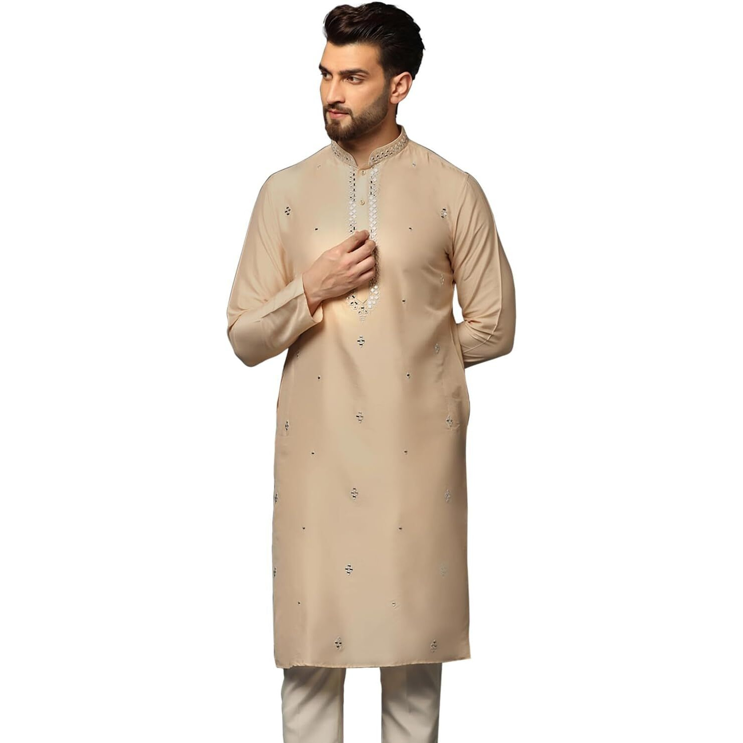 Kisah Cotton Beige Kurta For Men, Full Sleaves, Knee Length, Straight, Regular Fit, Mandarin Collar, Mirror Work Ethnic Wear