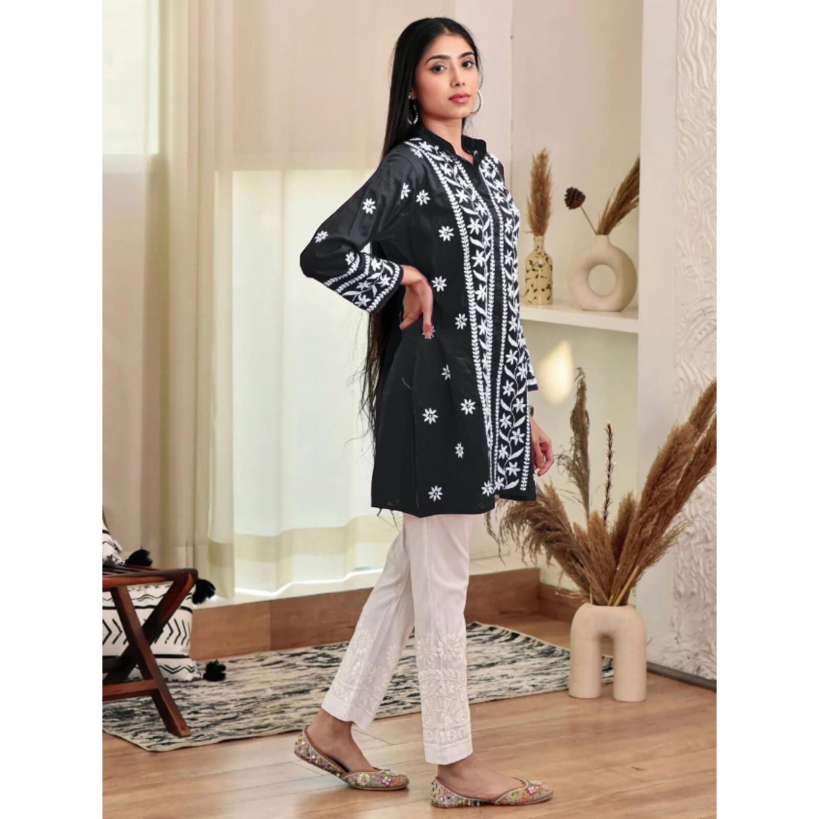 Sanisa Women's Rayon Chikankari Embroidered Short Kurti (478K275N-S_Black)