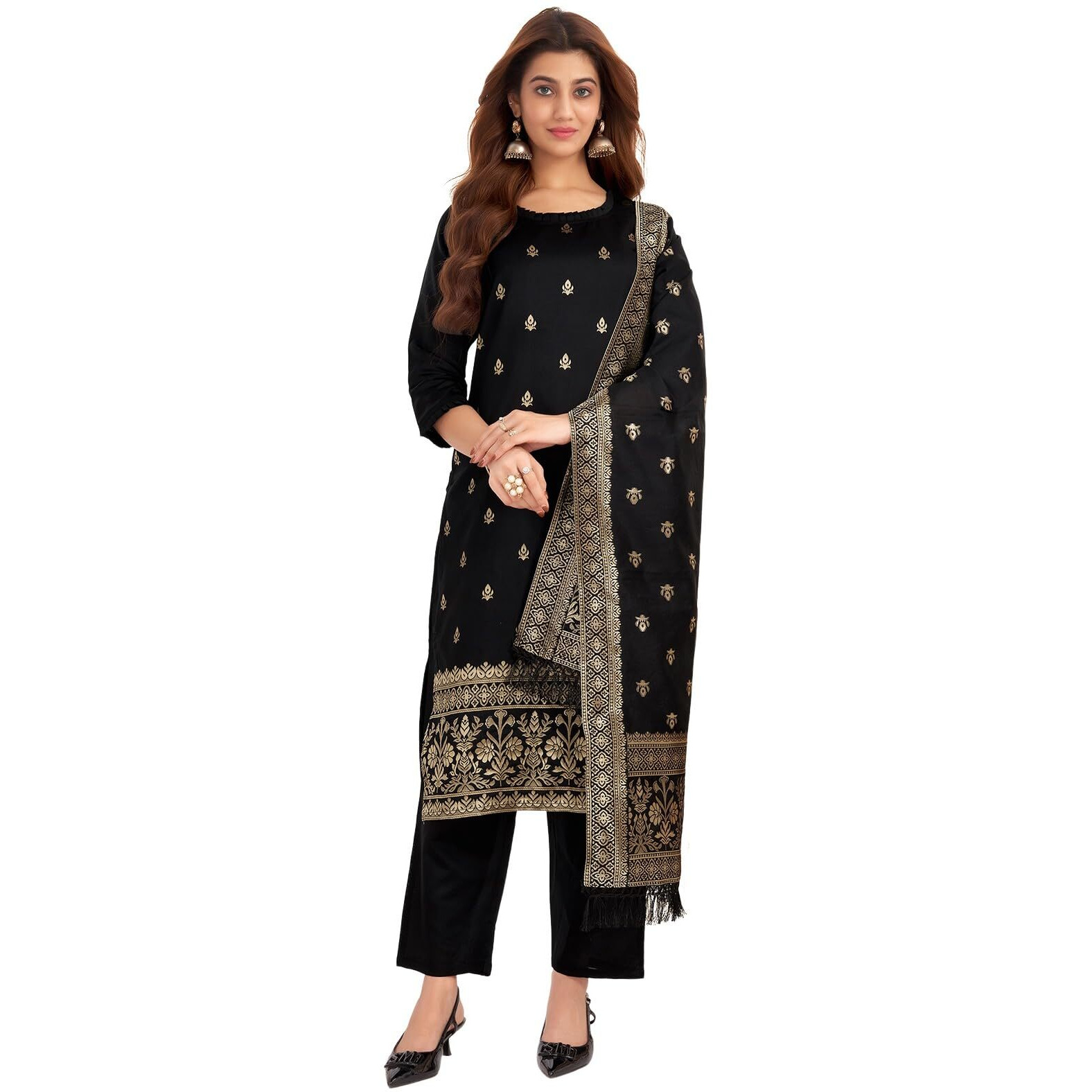 Sanisa Women's Silk Blend Jacquard Work Straight Kurta With Pant And Dupatta Set (223Kbd2361N-L_Black And Golden)
