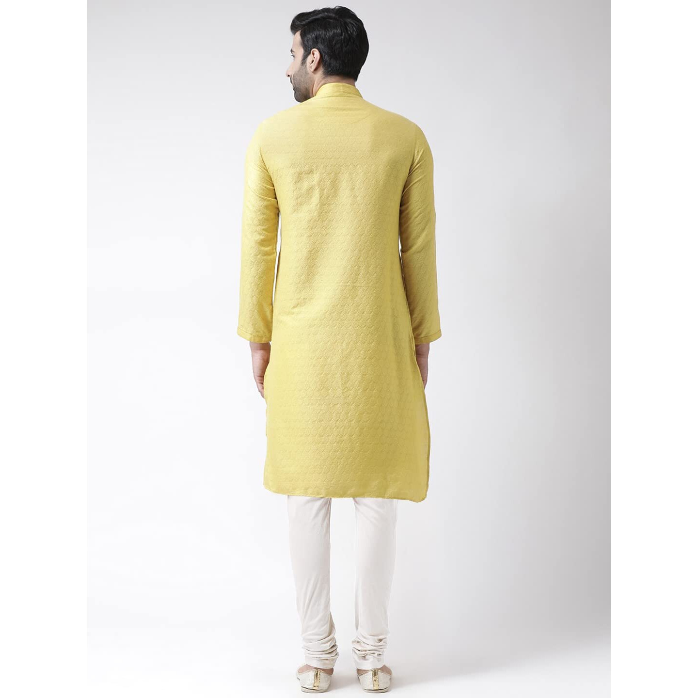 Kisah Men Yellow White Self Design Kurta With Churidar, Full Sleaves, Knee Length, Straight, Regular Fit, Mandarin Collar Ethnic Wear, 40