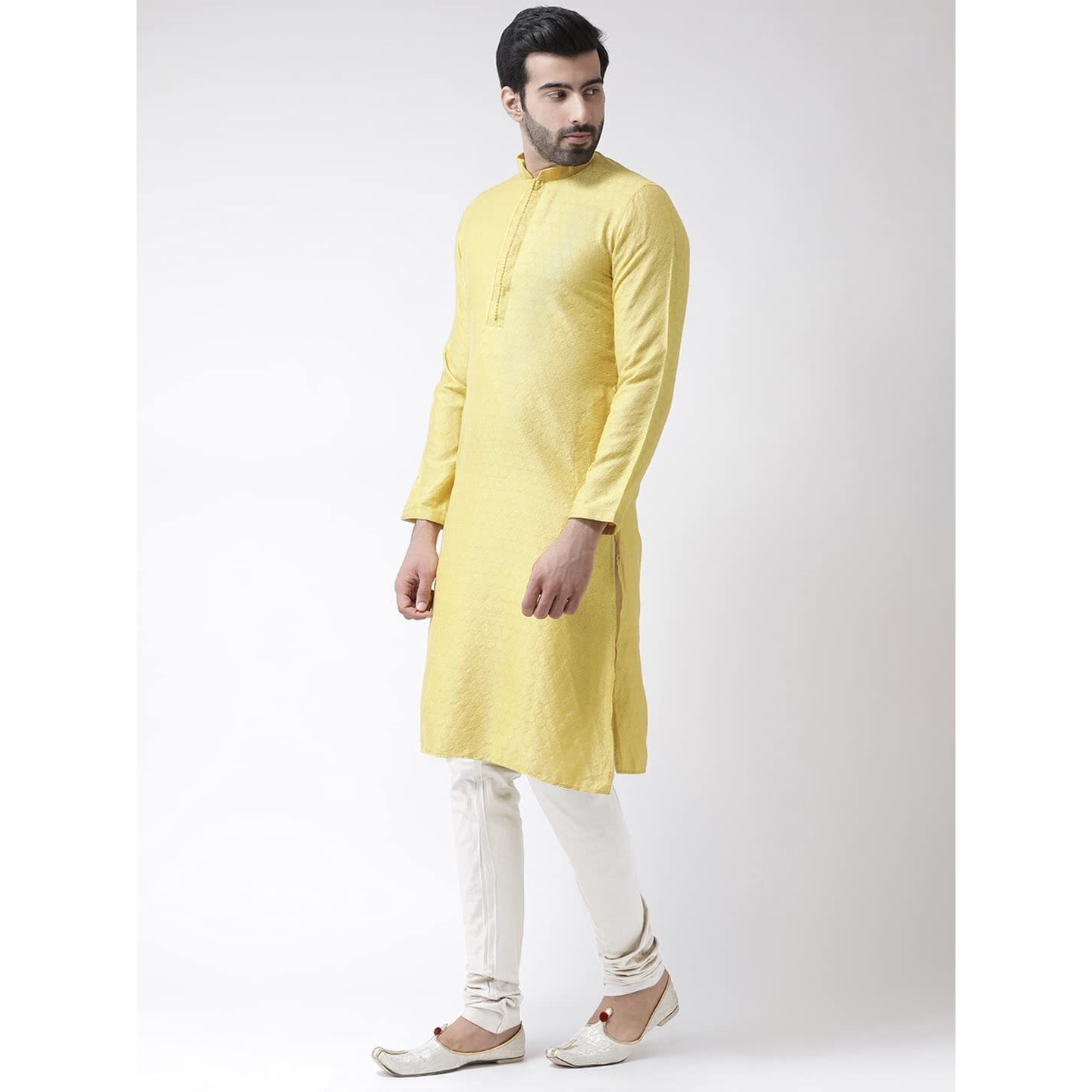 Kisah Men Yellow White Self Design Kurta With Churidar, Full Sleaves, Knee Length, Straight, Regular Fit, Mandarin Collar Ethnic Wear, 40