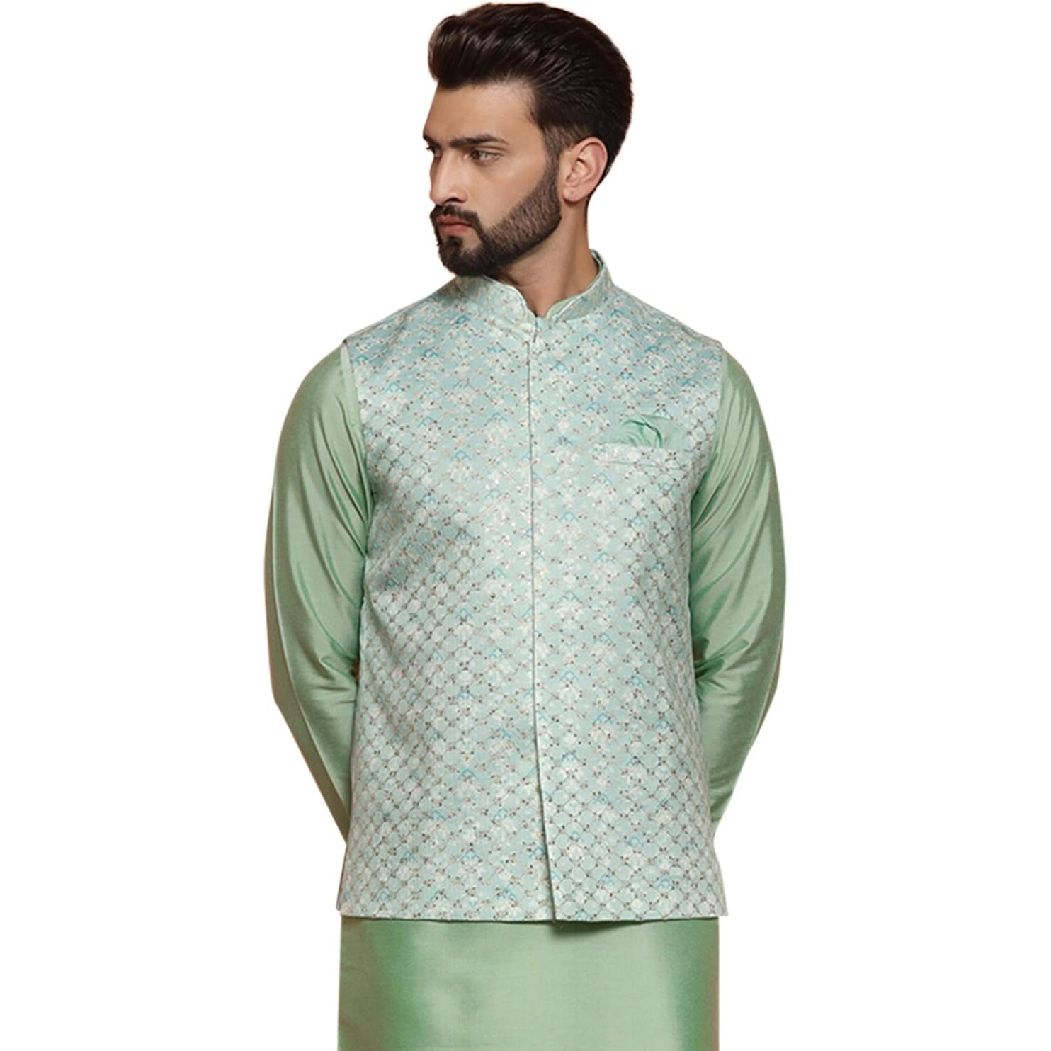 Kisah Men's Ethnic Wear Regular Fit Embellished Silk Blend Aqua Nehru Jacket (M)