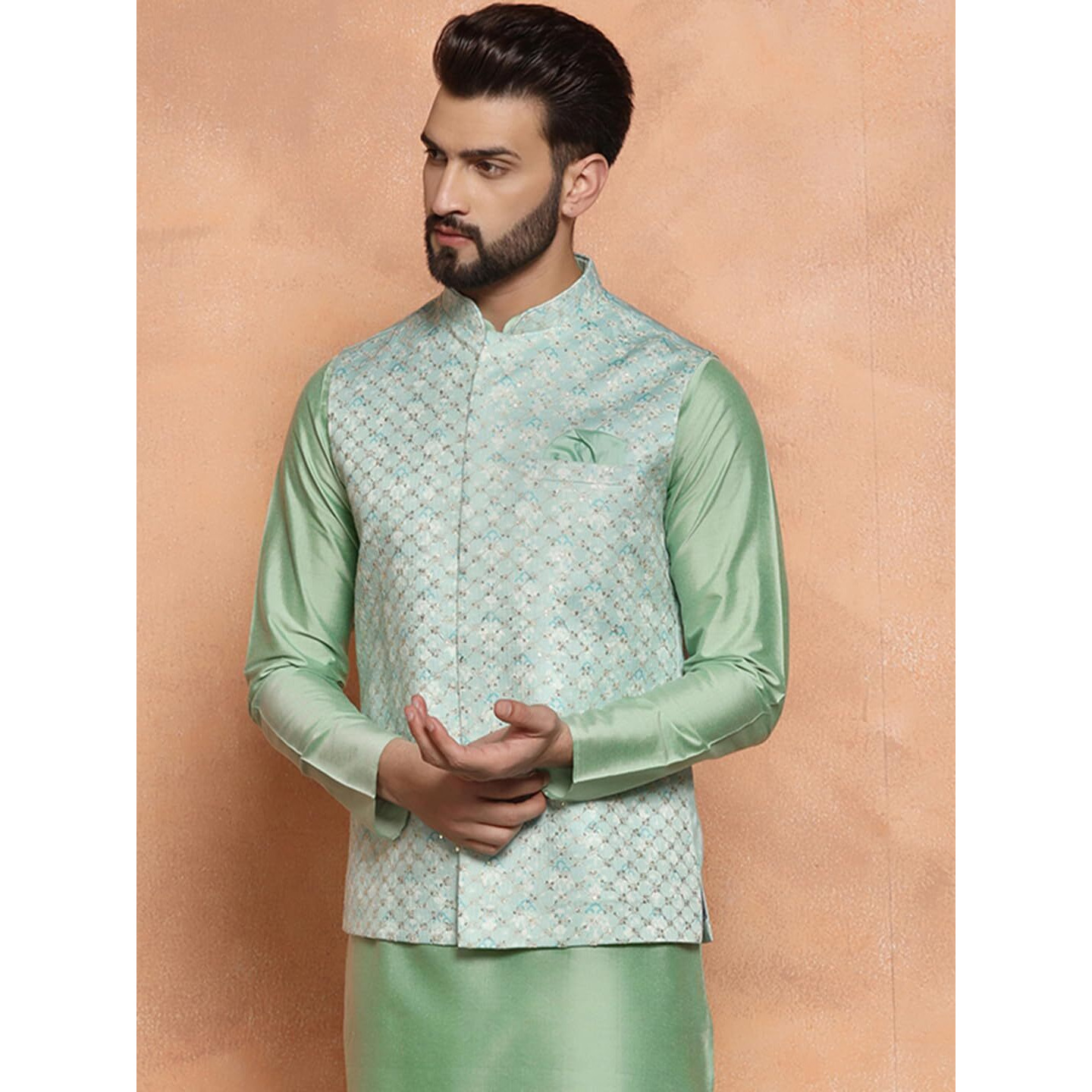 Kisah Men's Ethnic Wear Regular Fit Embellished Silk Blend Aqua Nehru Jacket (M)