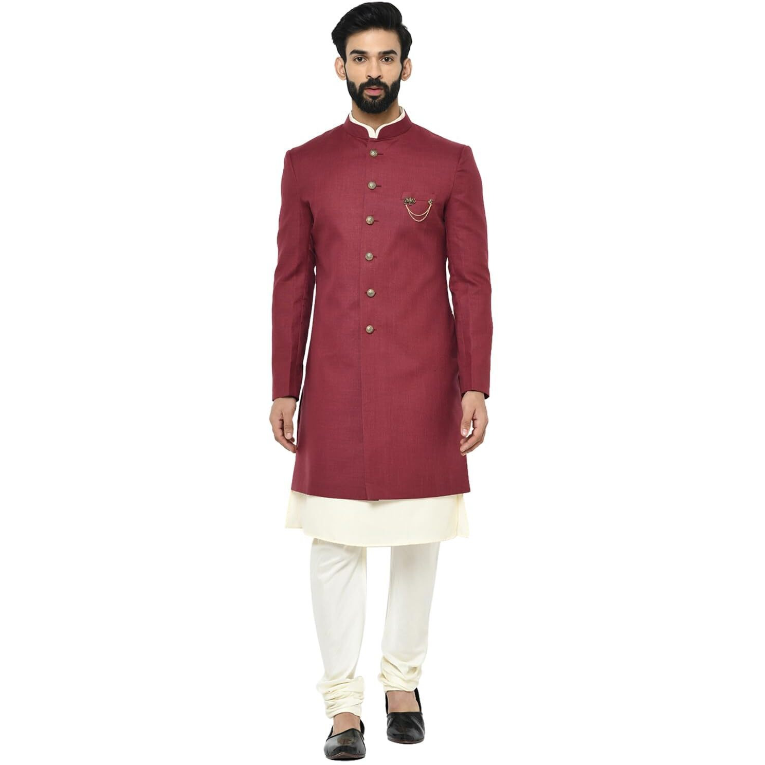 Kisah Men's Sherwani Set Indo-Western, Maroon Cotton, Regular Fit Mandarin Collar Long Sleeves (46)