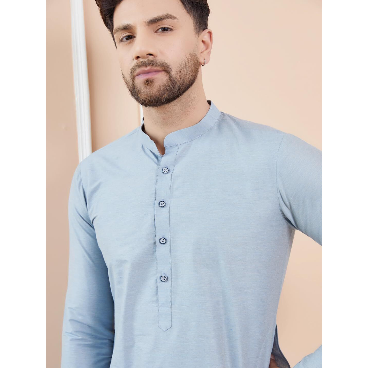 See Designs Men Long Sleeve Side Slit Mandarin Collar Blue Cotton Solid Straight Kurta - Sdkt2484Xs