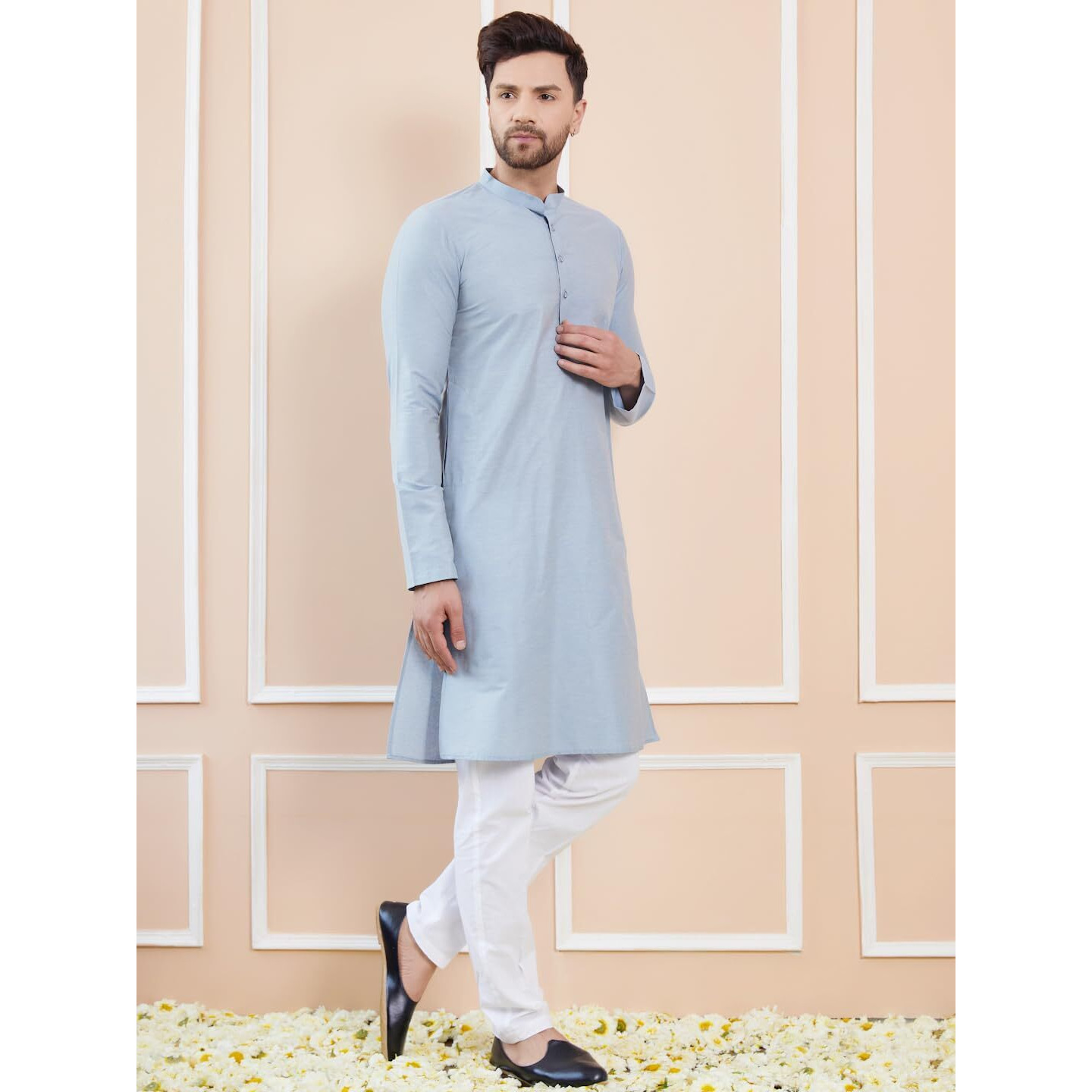 See Designs Men Long Sleeve Side Slit Mandarin Collar Blue Cotton Solid Straight Kurta - Sdkt2484Xs