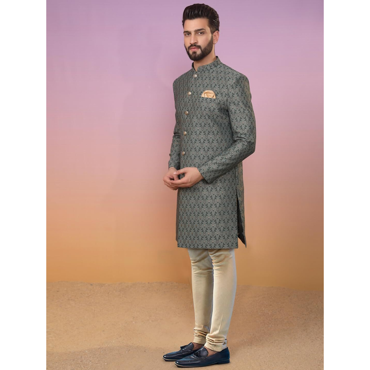 Kisah Men's Indo-Western Sherwani Churidar Set, Green Silk Blend, Jacquard Regular Fit Mandarin Collar Long Sleeves (L)