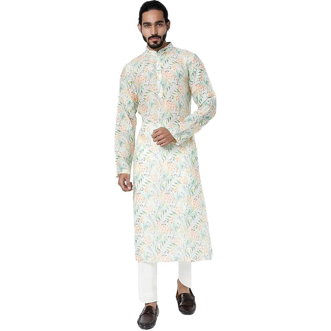 Lookmark Men's Cotton Blend Printed Long Kurta Suitable For All Indian Wedding, Occasions, And Festivals (Az-Lm-Og-Kurta 21-Xxl) White