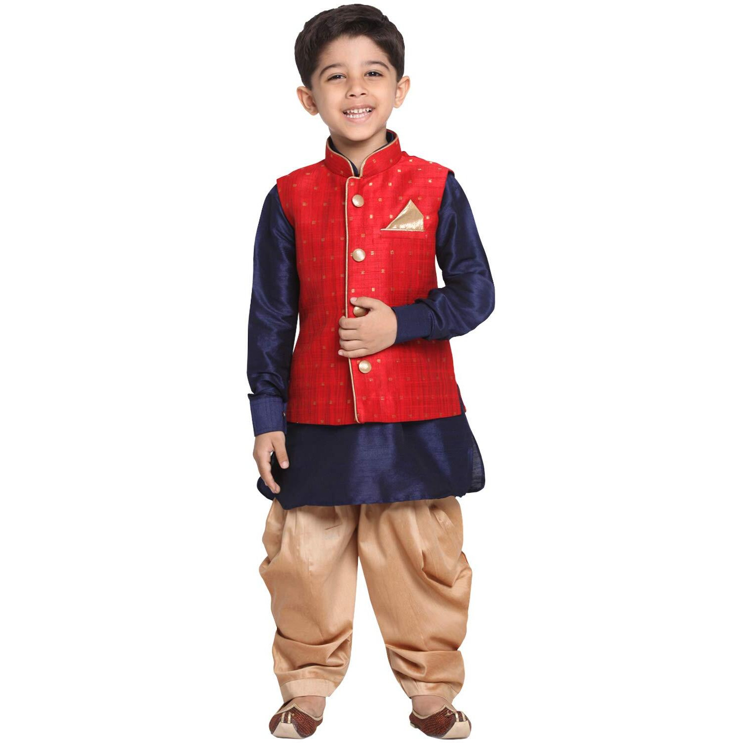 Vastramay Boys' Maroon Cotton Silk Blend Boys Nehru Modi Jacket Kurta & Pyjama Set_Vasnbj009Manbuk001Nbncdrg_34