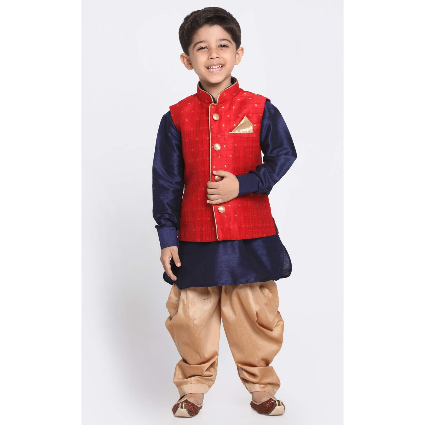 Vastramay Boys' Maroon Cotton Silk Blend Boys Nehru Modi Jacket Kurta & Pyjama Set_Vasnbj009Manbuk001Nbncdrg_34