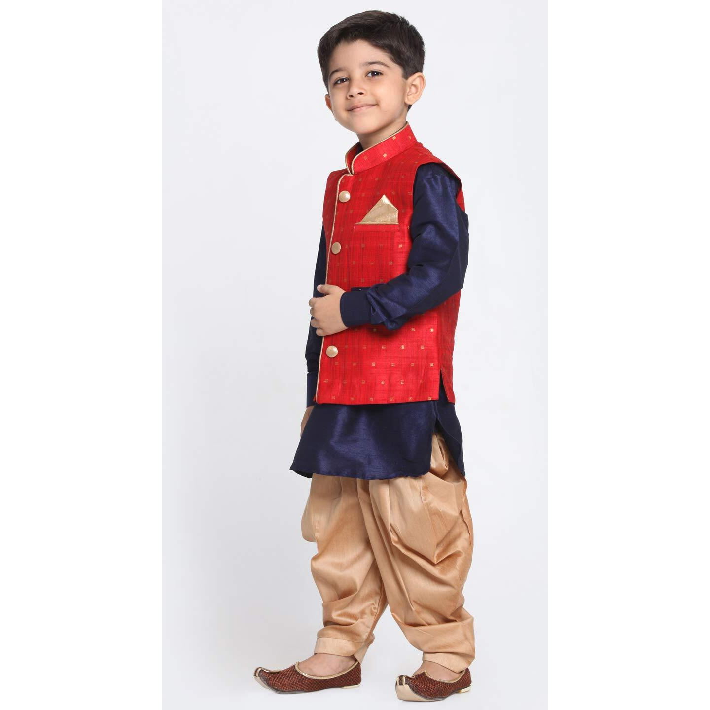Vastramay Boys' Maroon Cotton Silk Blend Boys Nehru Modi Jacket Kurta & Pyjama Set_Vasnbj009Manbuk001Nbncdrg_34