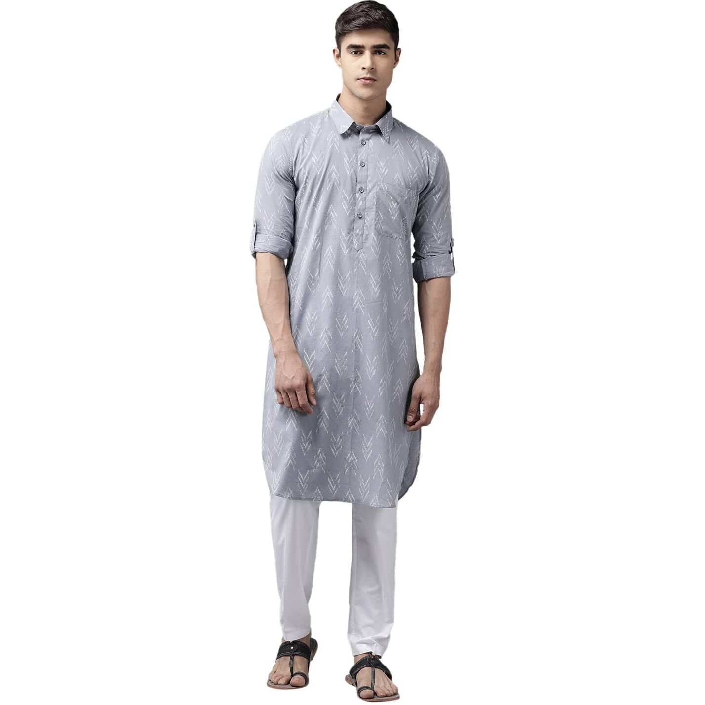 See Designs Men Light Grey Regular Pure Cotton Pathani Printed Men's Kurta_Sdpkt1170Xxl