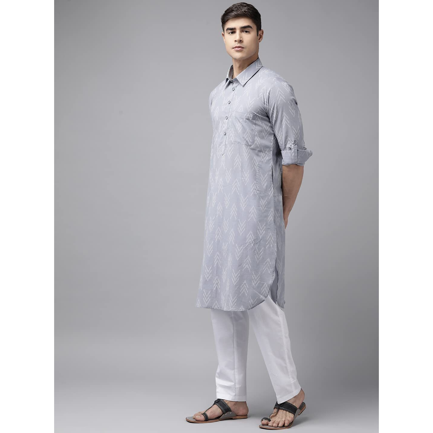 See Designs Men Light Grey Regular Pure Cotton Pathani Printed Men's Kurta_Sdpkt1170Xxl