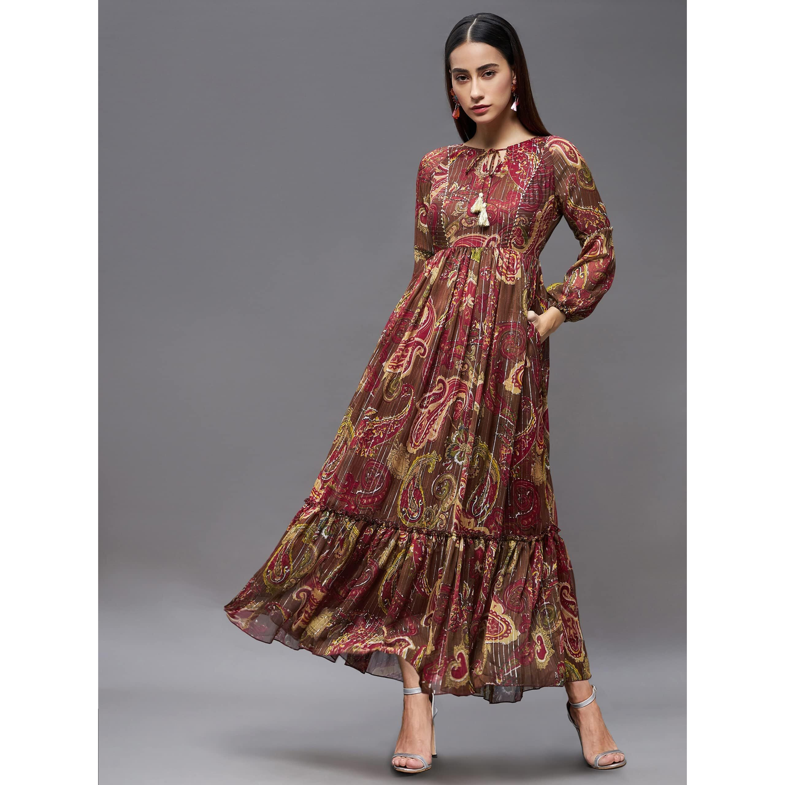 Miss Chase Women's Relaxed Fit Pocketed Maxi Chiffon Dress (Plus Size) (Mcss22D16-17-179-07, Multicolored-Base-Brown, 2Xl)