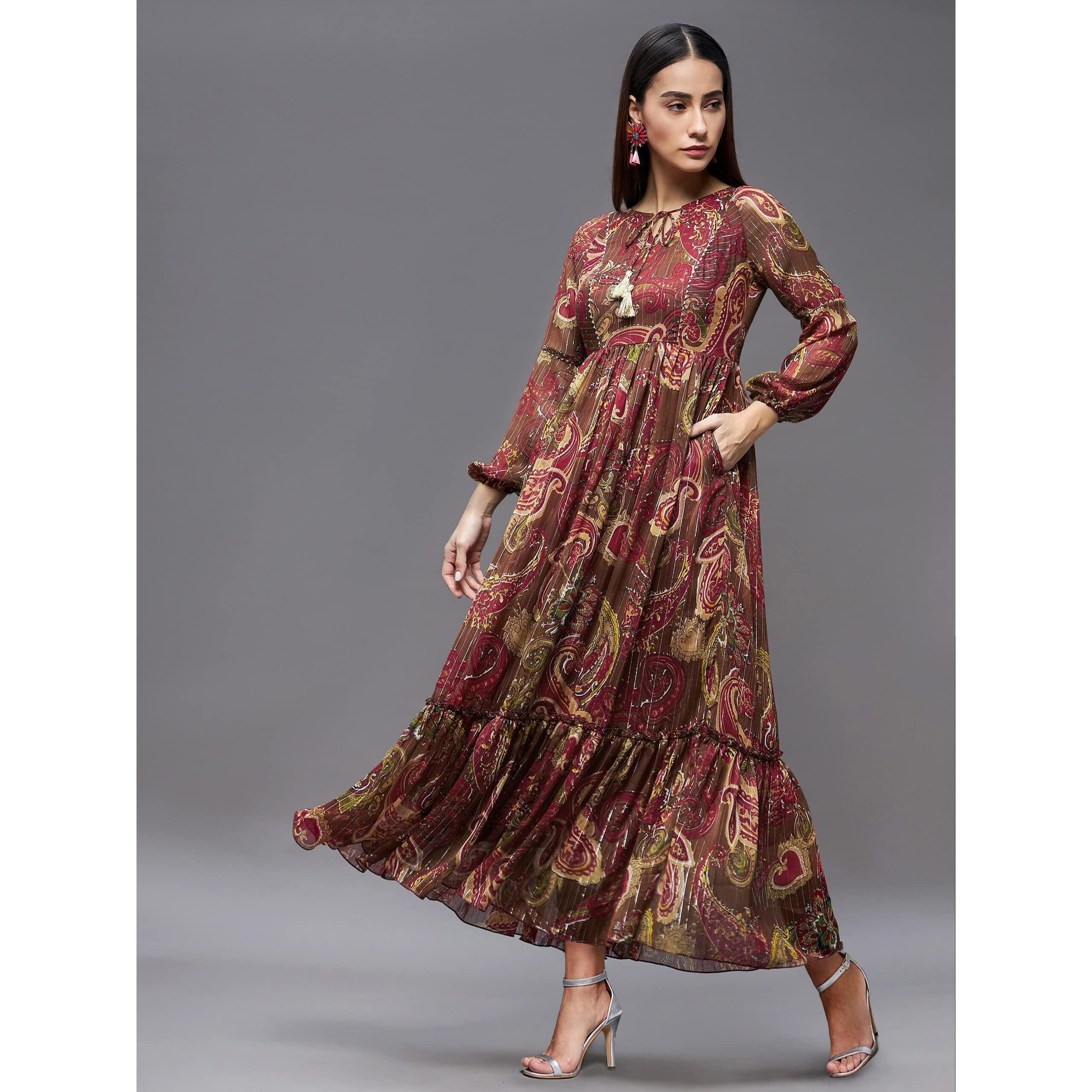 Miss Chase Women's Relaxed Fit Pocketed Maxi Chiffon Dress (Plus Size) (Mcss22D16-17-179-07, Multicolored-Base-Brown, 2Xl)