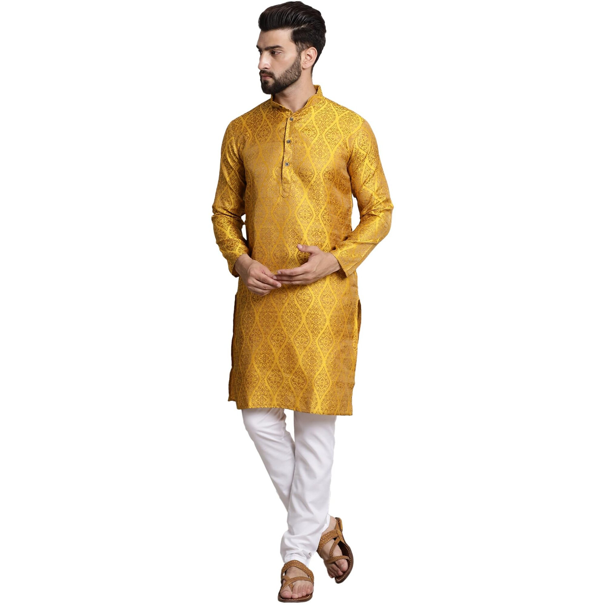 Sojanya (Since 1958 Men's Silk Blend Mustard Self Design Kurta And White Churidar Pyjama Set
