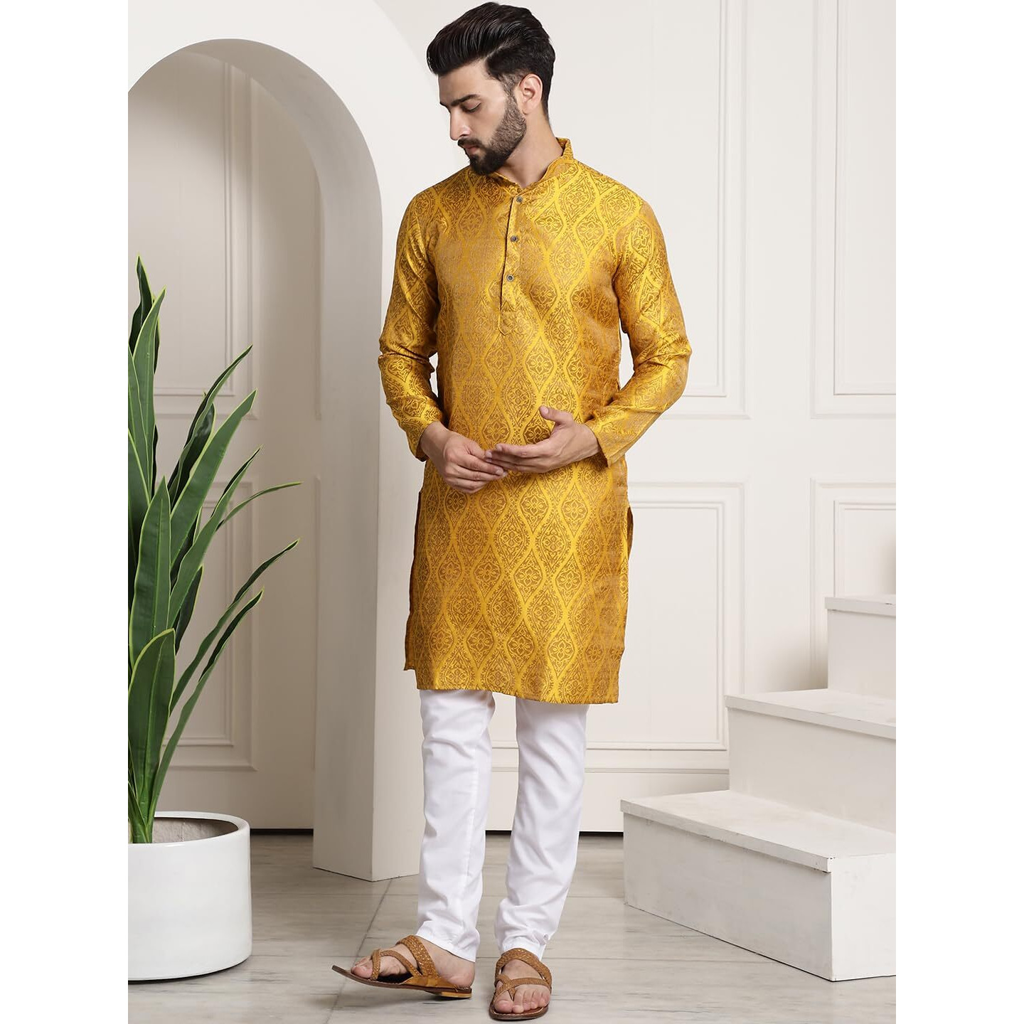 Sojanya (Since 1958 Men's Silk Blend Mustard Self Design Kurta And White Churidar Pyjama Set
