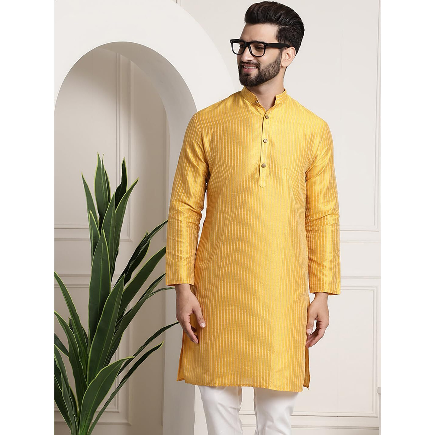 Sojanya (Since 1958 Men's Silk Blend Mustard Color Striped Design Only Long Kurta