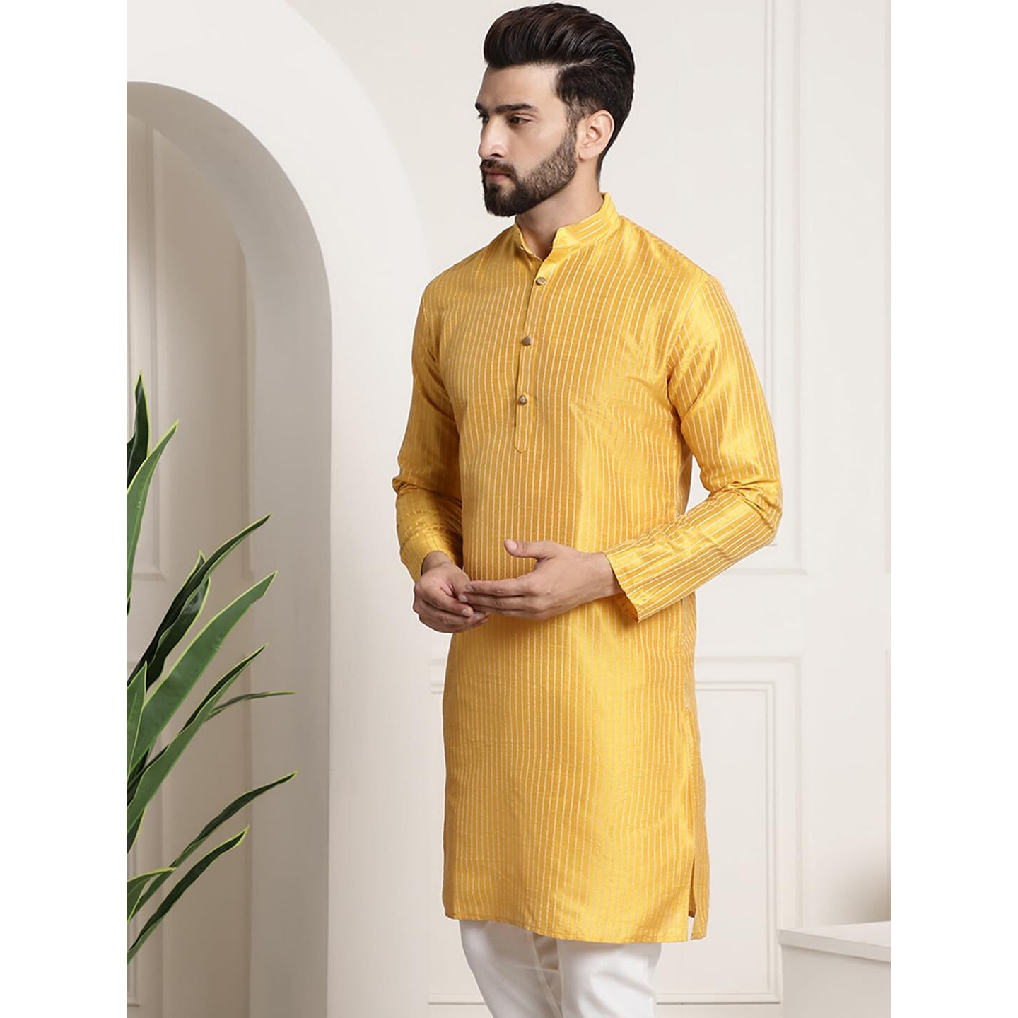 Sojanya (Since 1958 Men's Silk Blend Mustard Color Striped Design Only Long Kurta