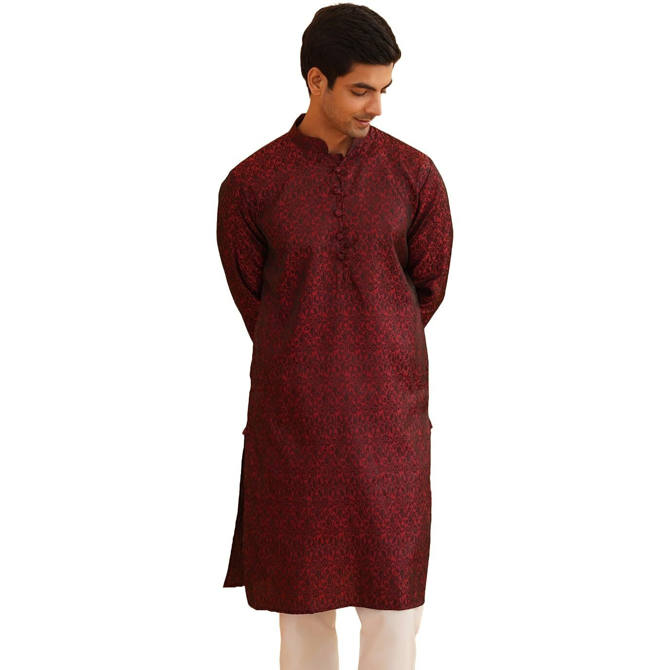Sojanya (Since 1958 Men's Silk Blend Paisley Design Maroon Only Long Kurta