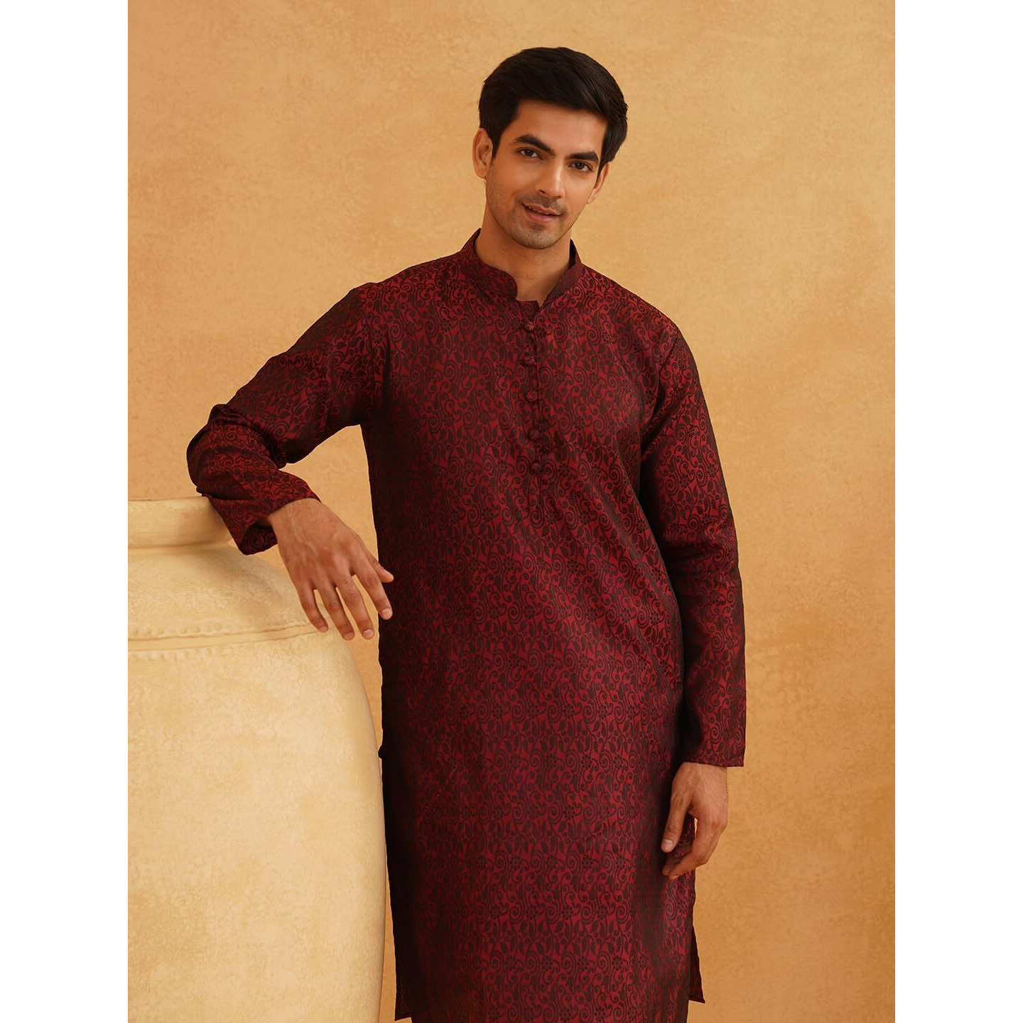 Sojanya (Since 1958 Men's Silk Blend Paisley Design Maroon Only Long Kurta