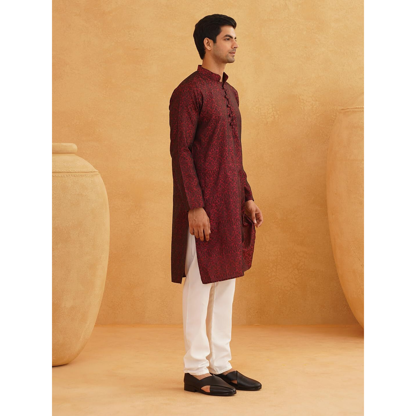 Sojanya (Since 1958 Men's Silk Blend Paisley Design Maroon Only Long Kurta