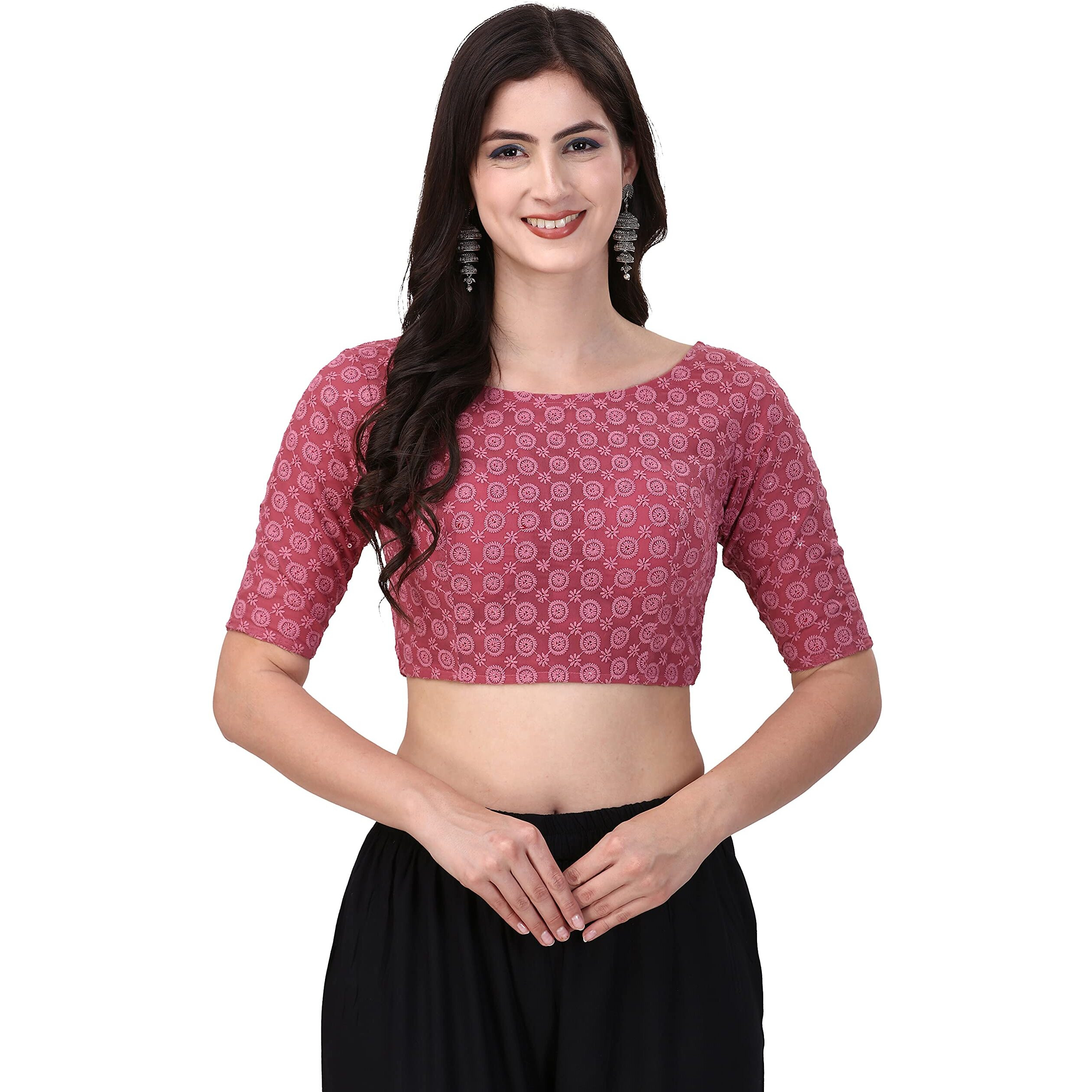Oomph Traditional Cotton Schiffli Fabric Blouse For Women |Elbow Length Sleeves | Wedding & Festival Wear | Comfortable & Trendy Ethnic Wear | Readymade Blouse For Saree & Lehenga
