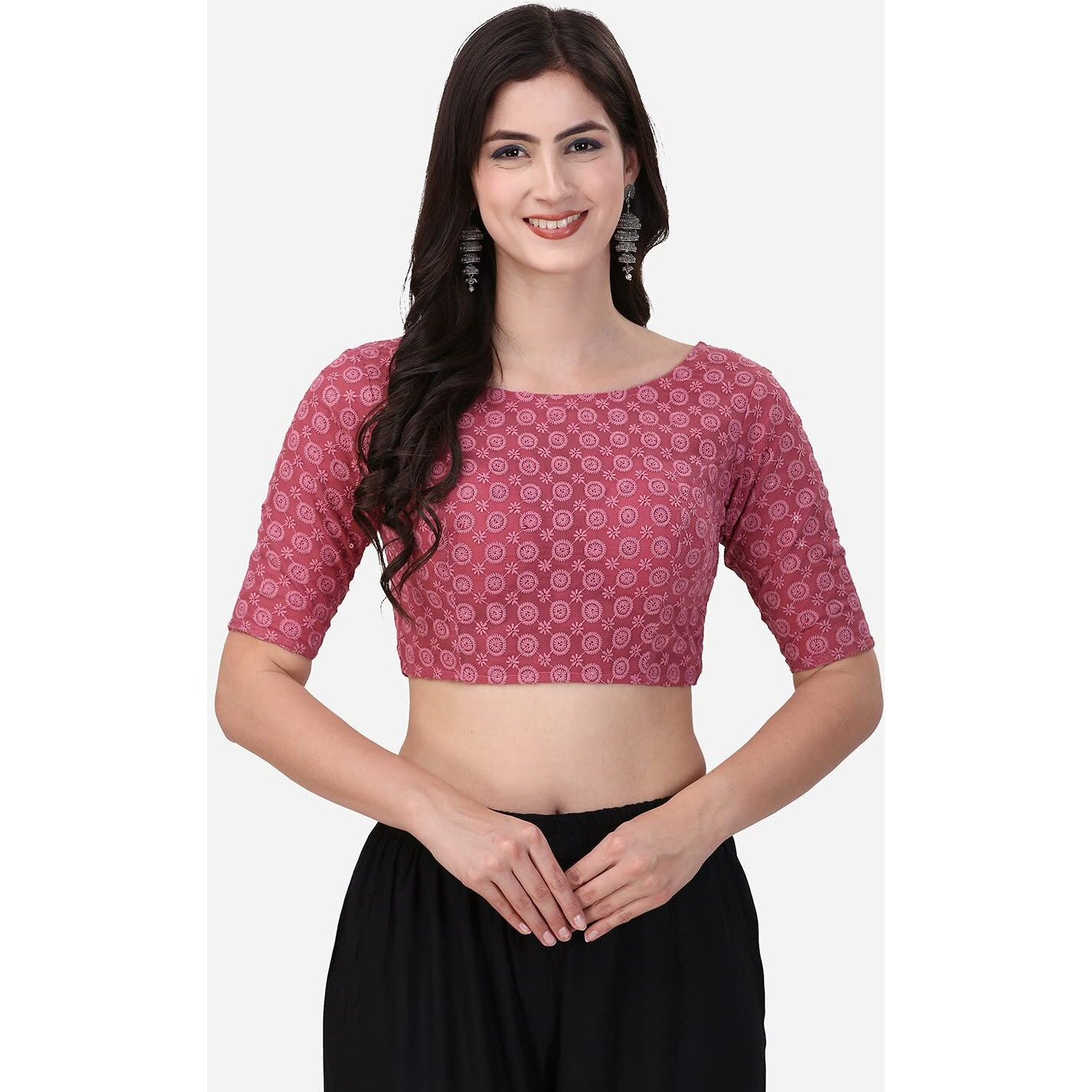 Oomph Traditional Cotton Schiffli Fabric Blouse For Women |Elbow Length Sleeves | Wedding & Festival Wear | Comfortable & Trendy Ethnic Wear | Readymade Blouse For Saree & Lehenga
