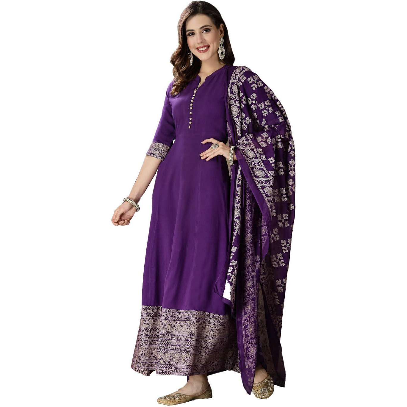Stylum Women's Printed Rayon Anarkali Kurta With Dupatta (Voilmufti36_Violet, S)