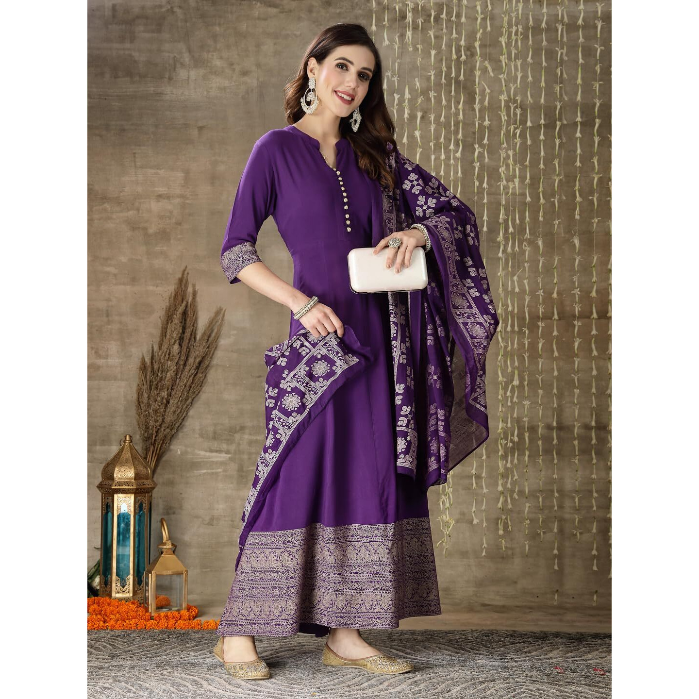 Stylum Women's Printed Rayon Anarkali Kurta With Dupatta (Voilmufti36_Violet, S)