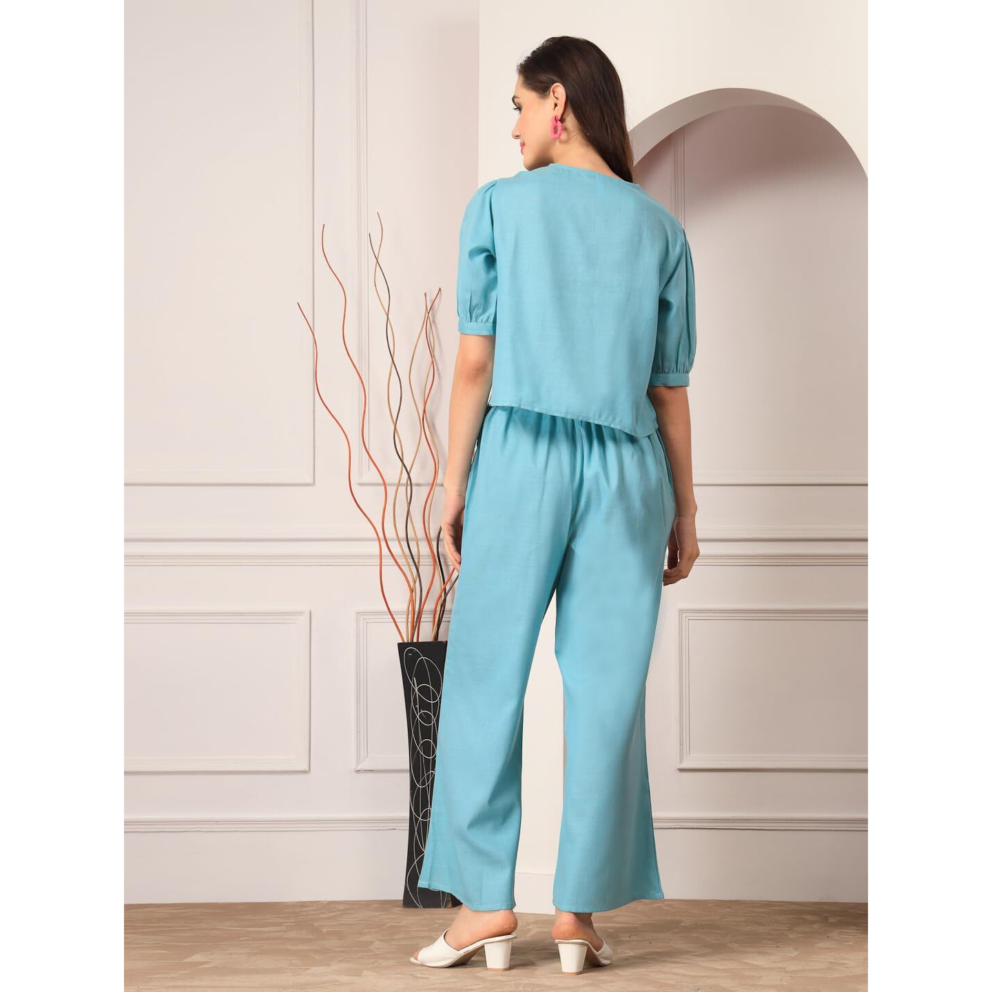 Stylum Women's Solid Cotton Blend Co-Ord Set (Csaquabeach40_Aqua, L)