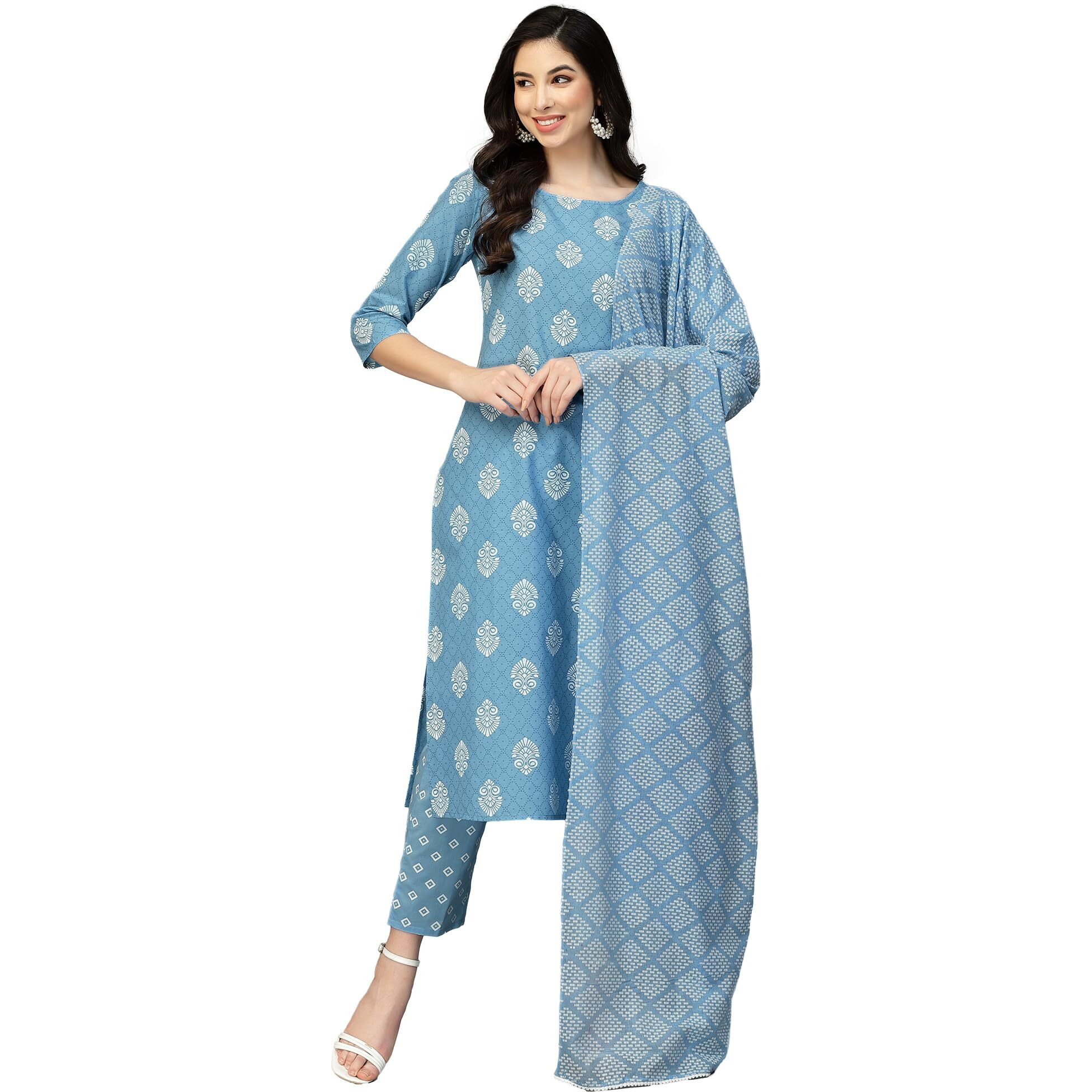 Stylum Women's Printed Rayon Straight Kurta Pant Dupatta Set (Kpdpepsiblue44_Blue, Xxl)