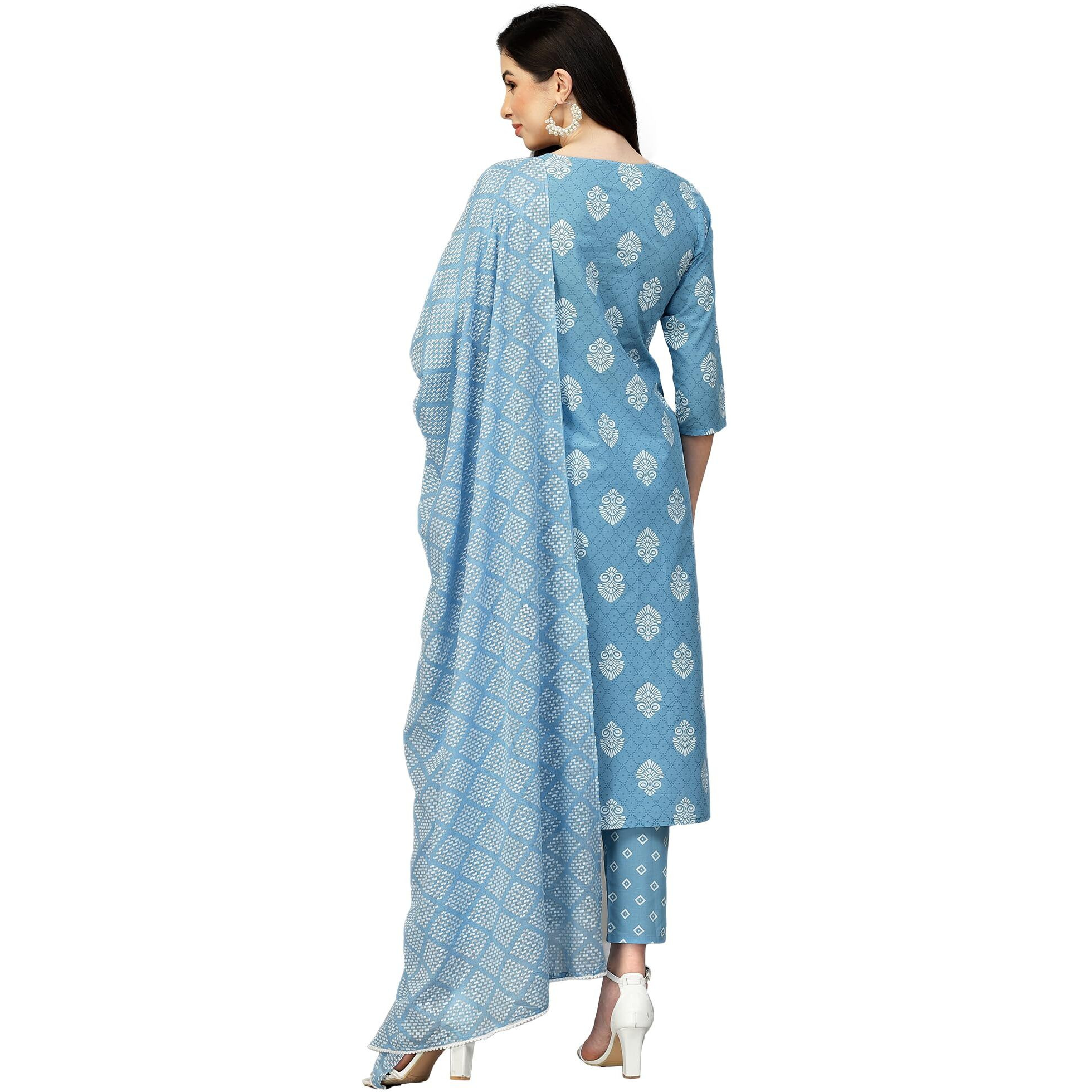 Stylum Women's Printed Rayon Straight Kurta Pant Dupatta Set (Kpdpepsiblue44_Blue, Xxl)