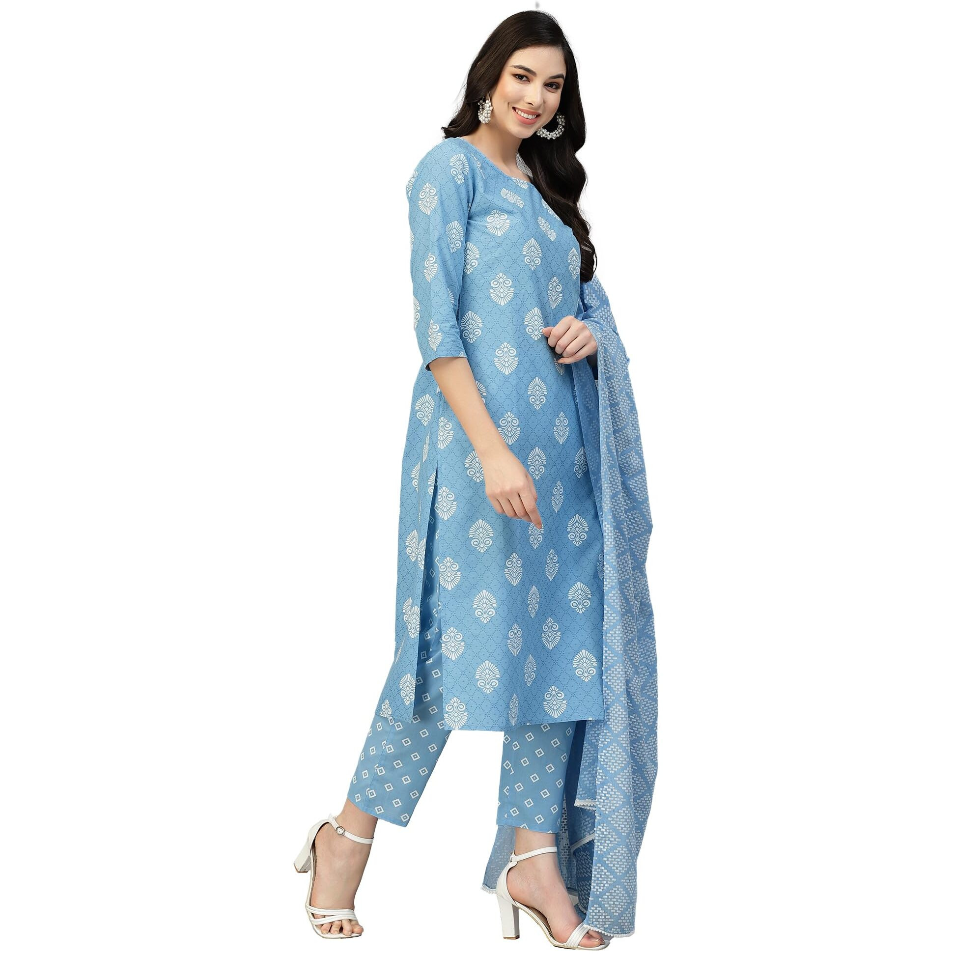 Stylum Women's Printed Rayon Straight Kurta Pant Dupatta Set (Kpdpepsiblue44_Blue, Xxl)