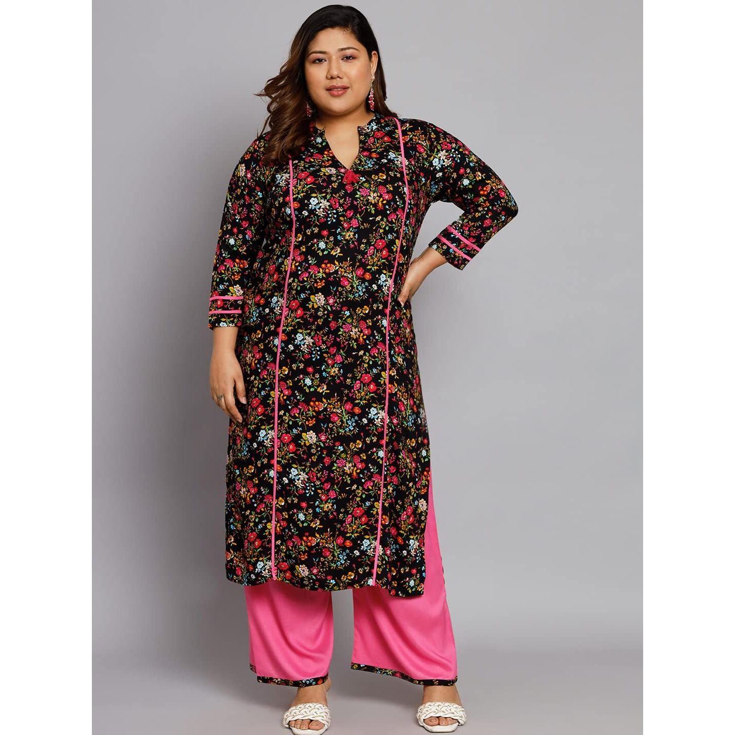 Tissu Women's Plus Size Black & Pink Floral Printed Kurta With Palazzo (T-Plus-650_Black_6Xl)
