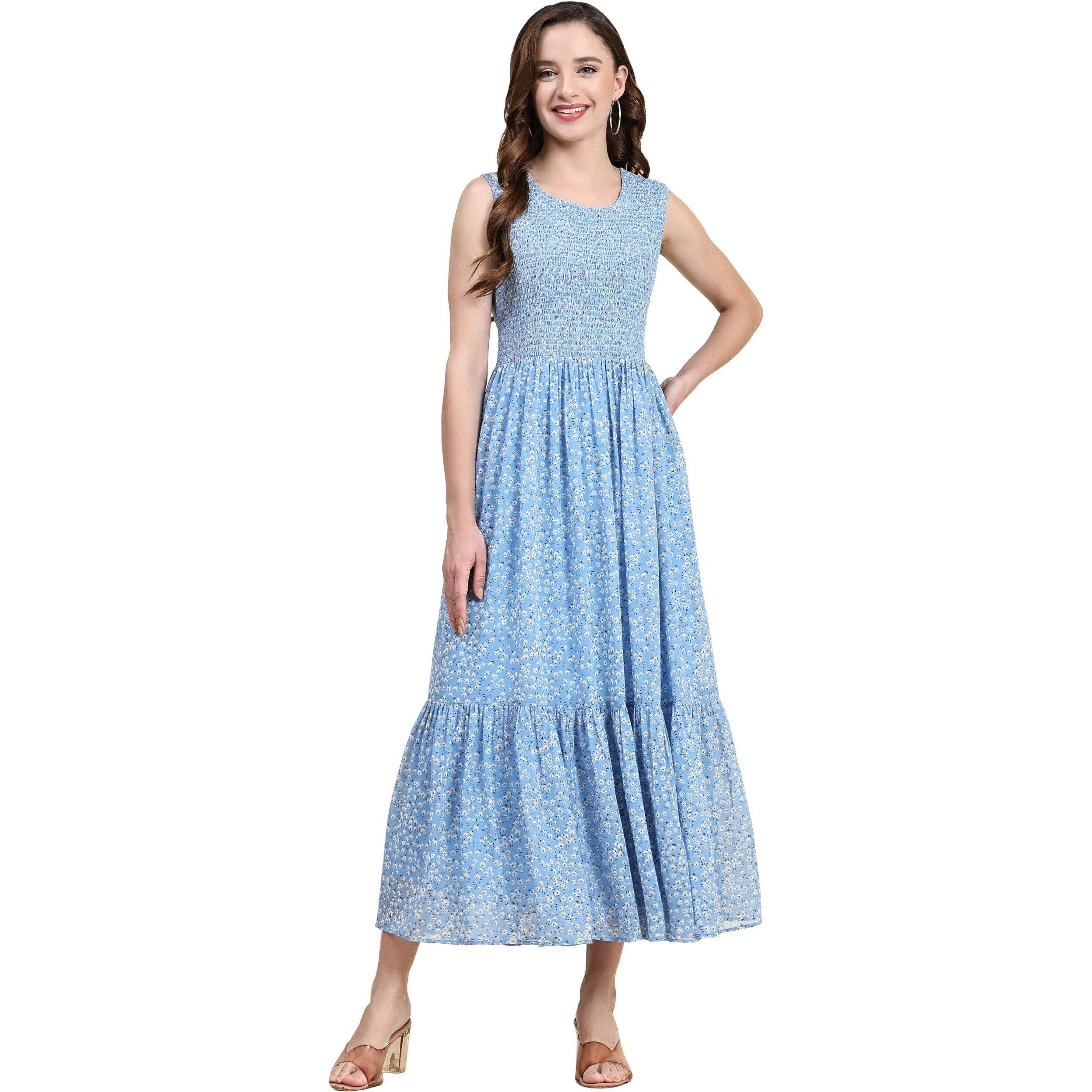 Toochki Women's Sky Blue Georgette Floral Tiered Western Dress | Dress For Women | A Line Dress | Winter Dress | Western Dress | Latest Women Dress | Trendy Dress | Midi Dress