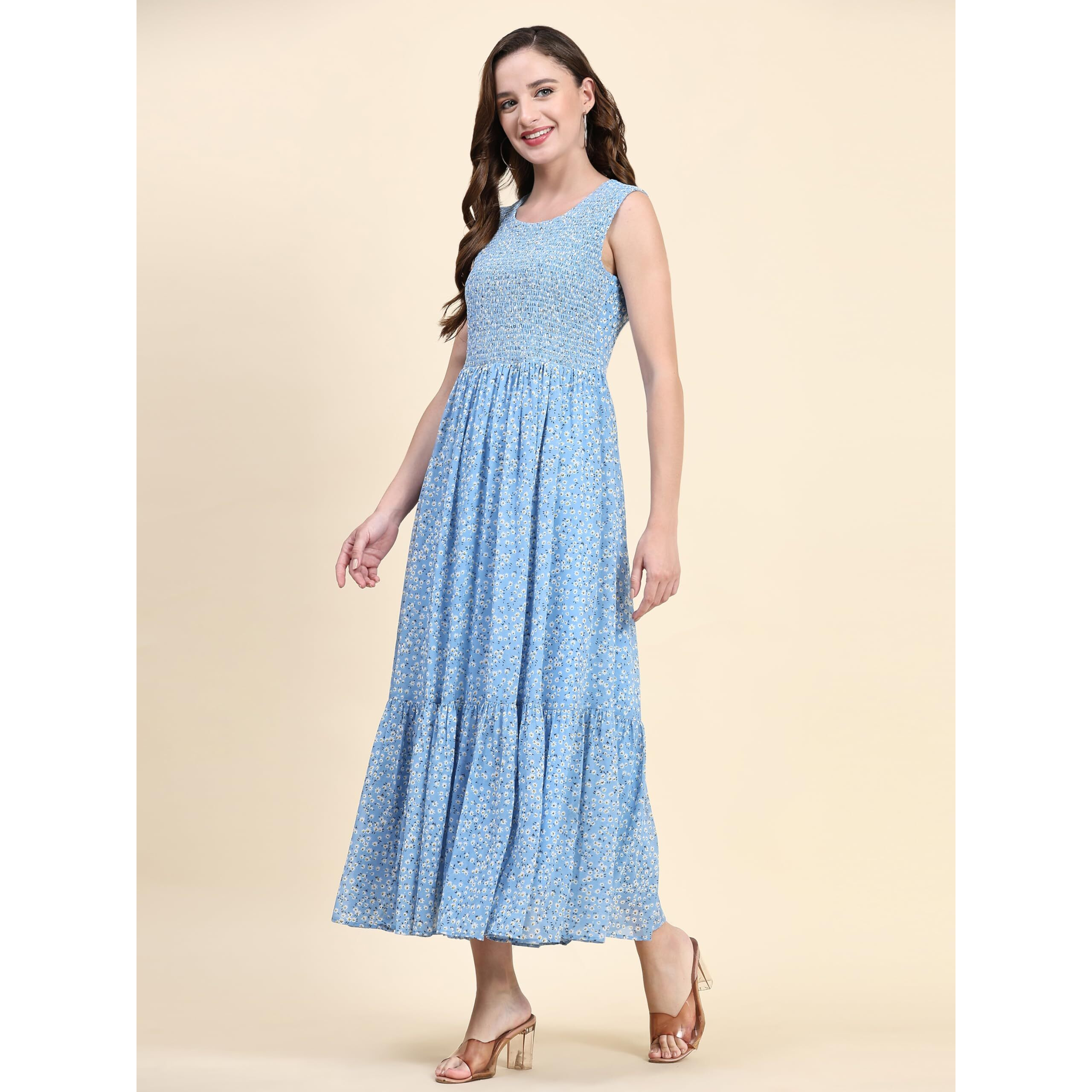 Toochki Women's Sky Blue Georgette Floral Tiered Western Dress | Dress For Women | A Line Dress | Winter Dress | Western Dress | Latest Women Dress | Trendy Dress | Midi Dress