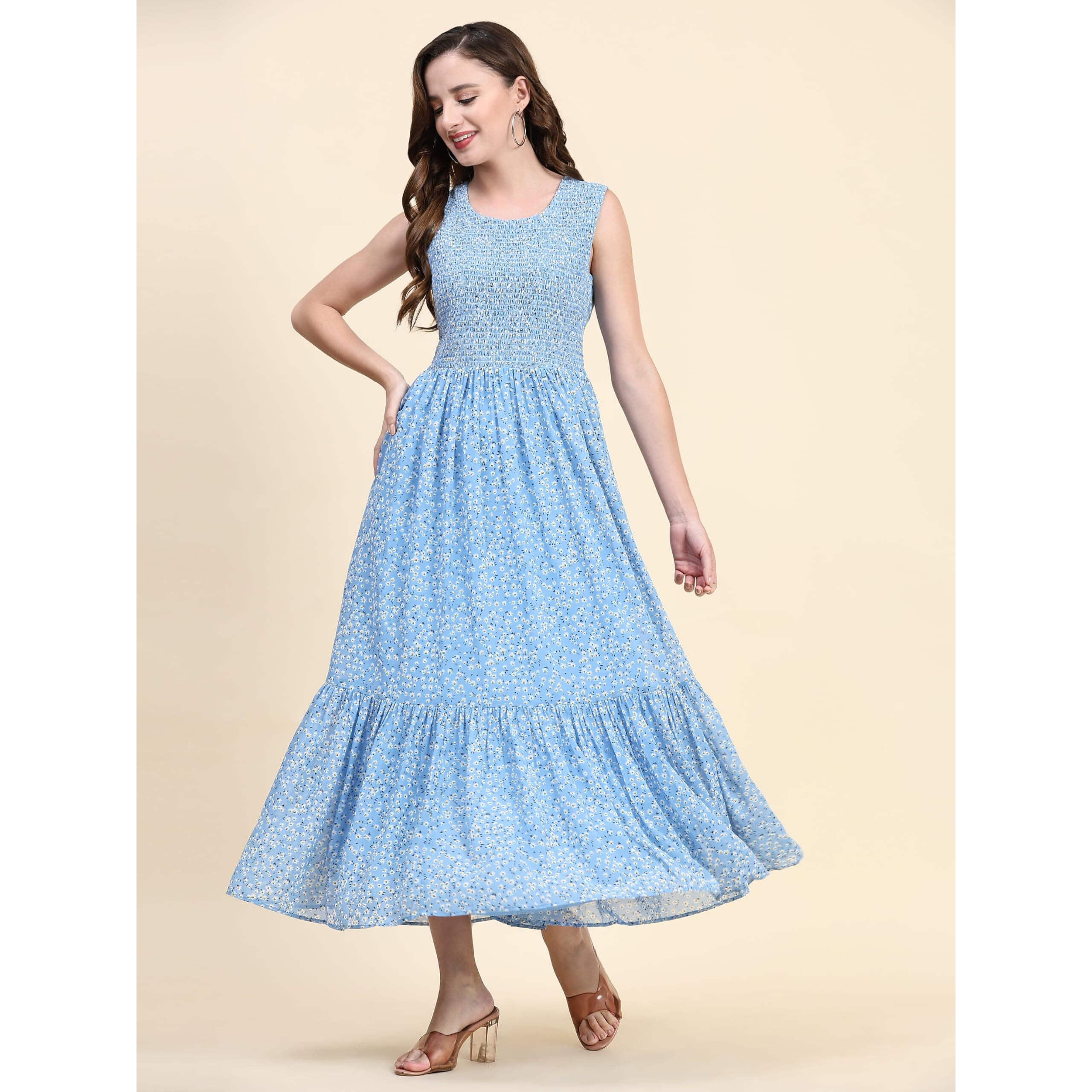 Toochki Women's Sky Blue Georgette Floral Tiered Western Dress | Dress For Women | A Line Dress | Winter Dress | Western Dress | Latest Women Dress | Trendy Dress | Midi Dress