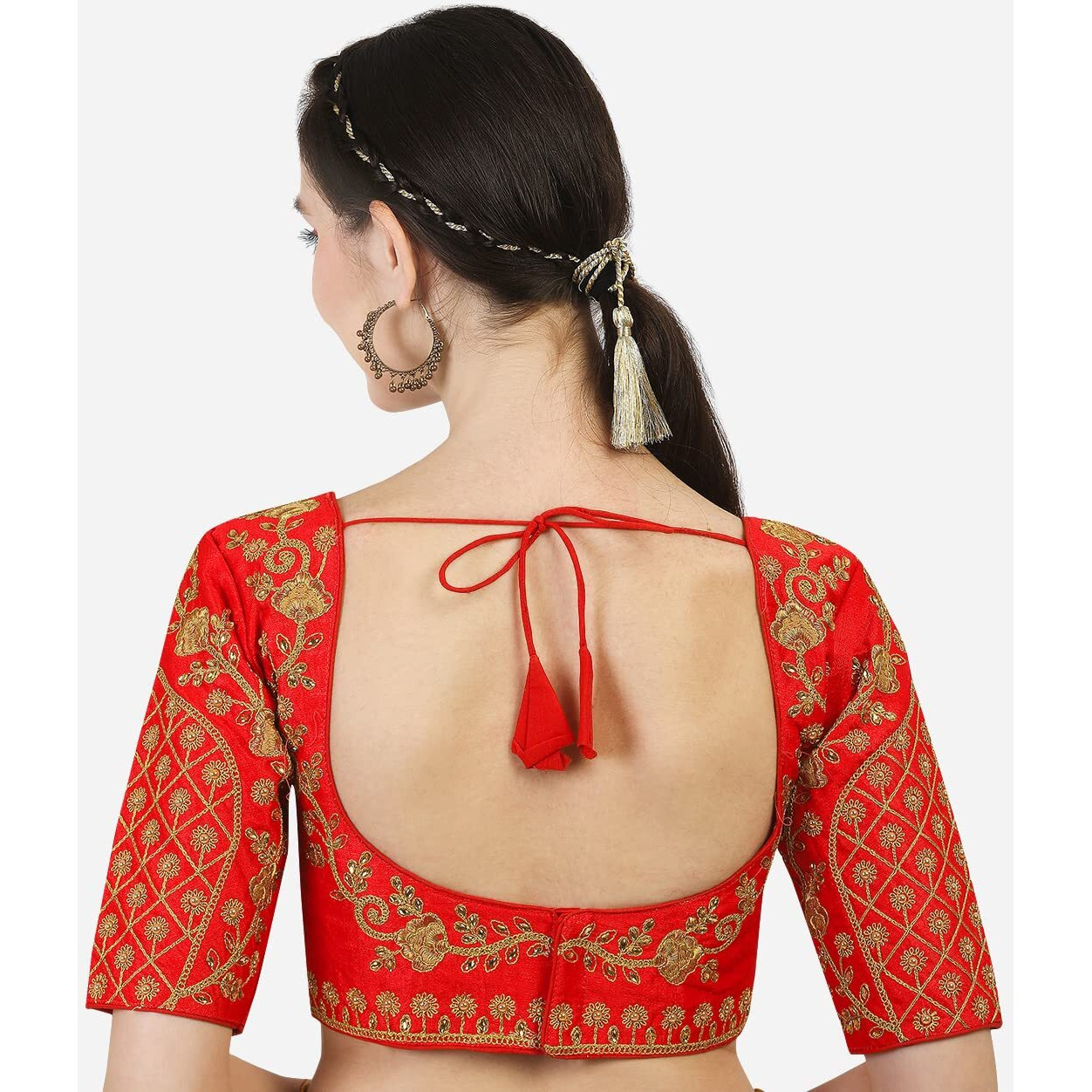 Pujia Mils Women's Silk Floral Half Sleeve Regular (Floral Blouse Red 38)