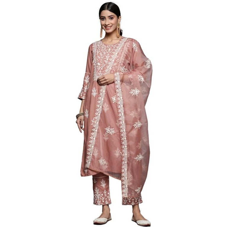 Varanga Women Mauve Embroidered Kurta Paired With Tonal Trouser And Dupatta  Elegant & Comfortable Ethnic Wear For Women, Perfect For Special Occasions