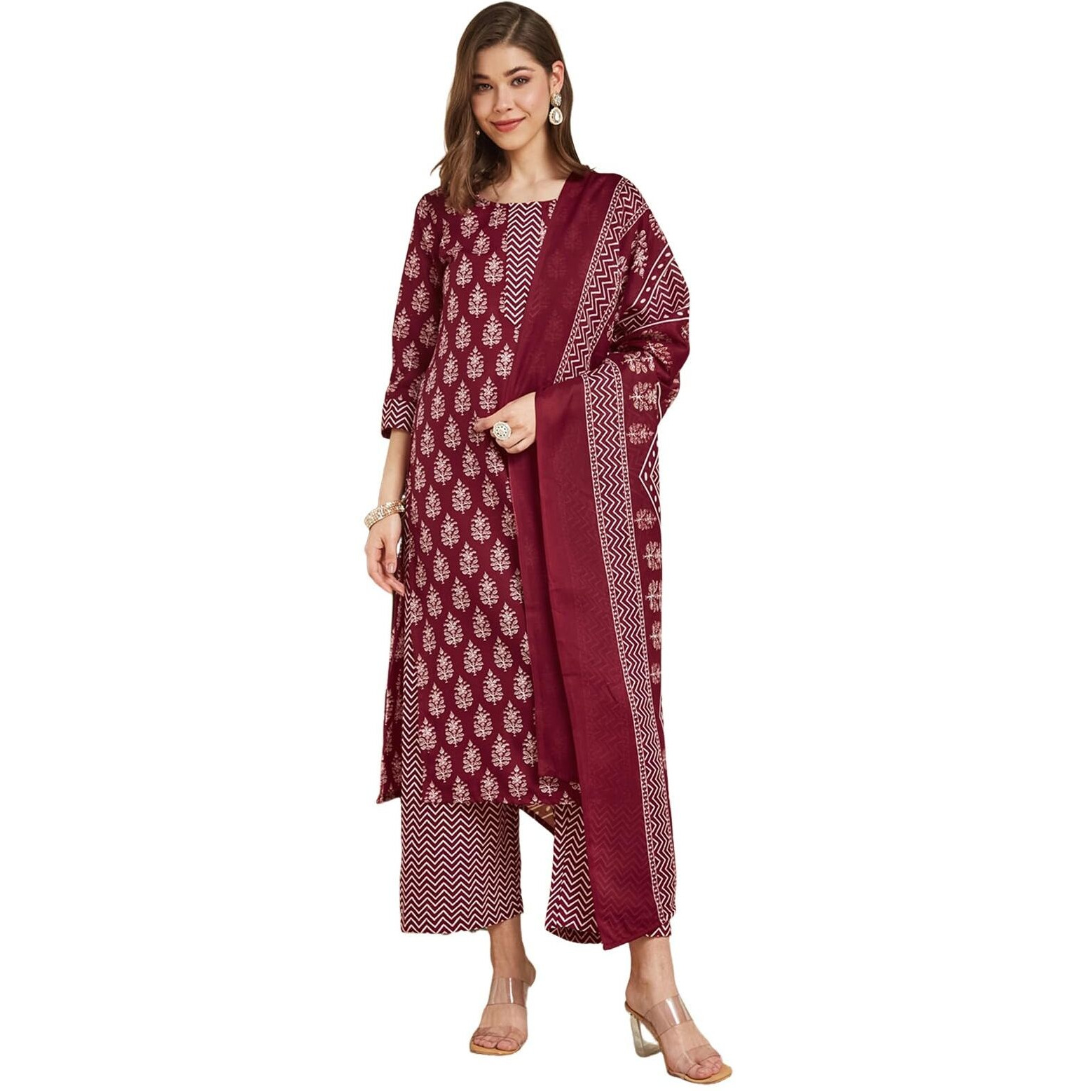 Sanisa Women's Cotton Blend Printed Straight Kurta With Pant And Dupatta Set (227Kbd2405N-L_Maroon & White)