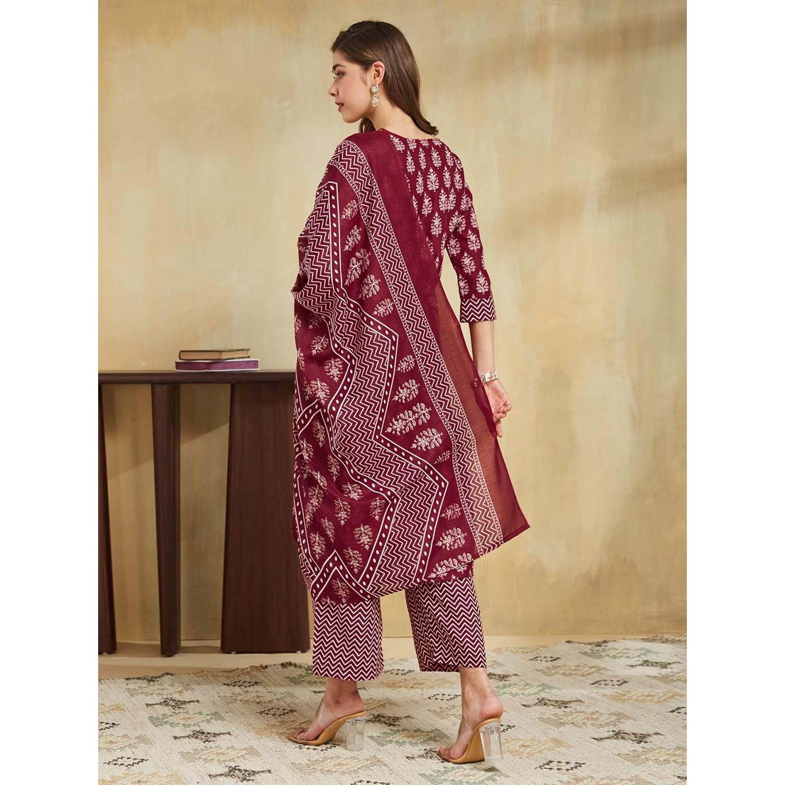 Sanisa Women's Cotton Blend Printed Straight Kurta With Pant And Dupatta Set (227Kbd2405N-L_Maroon & White)