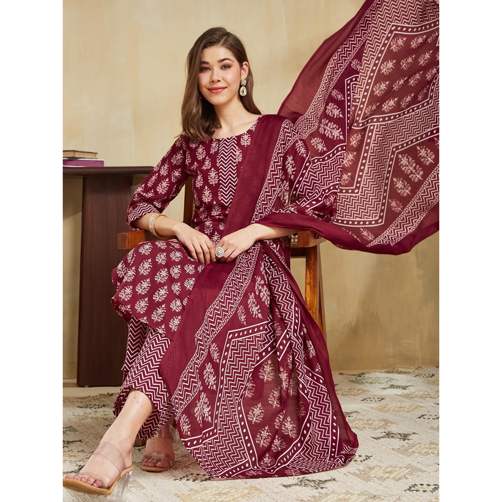 Sanisa Women's Cotton Blend Printed Straight Kurta With Pant And Dupatta Set (227Kbd2405N-L_Maroon & White)